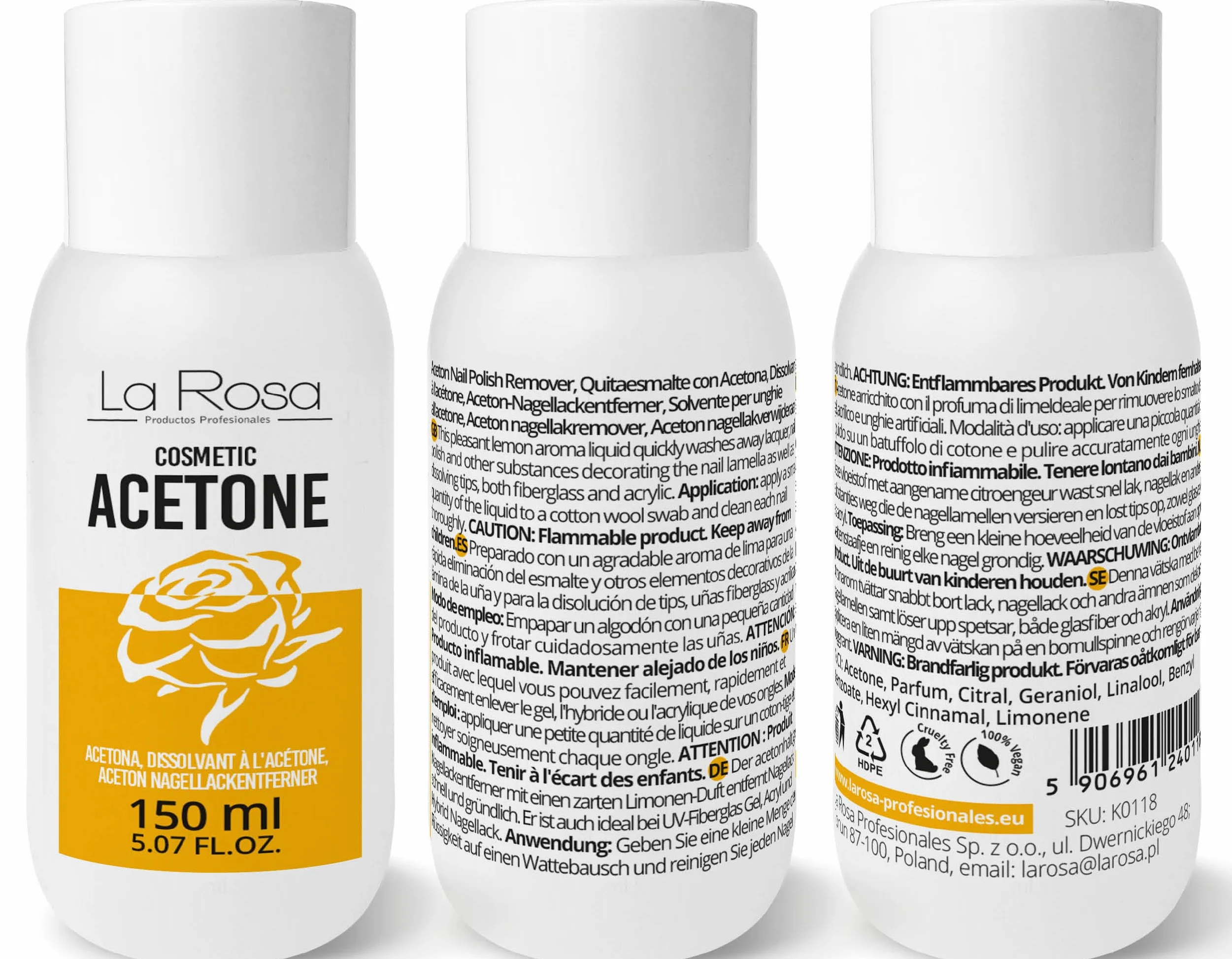LaRosa Acétone 100% Pure Dissolvant Vernis Semi Permanent Gel UV/LED Soak Off 150 ml