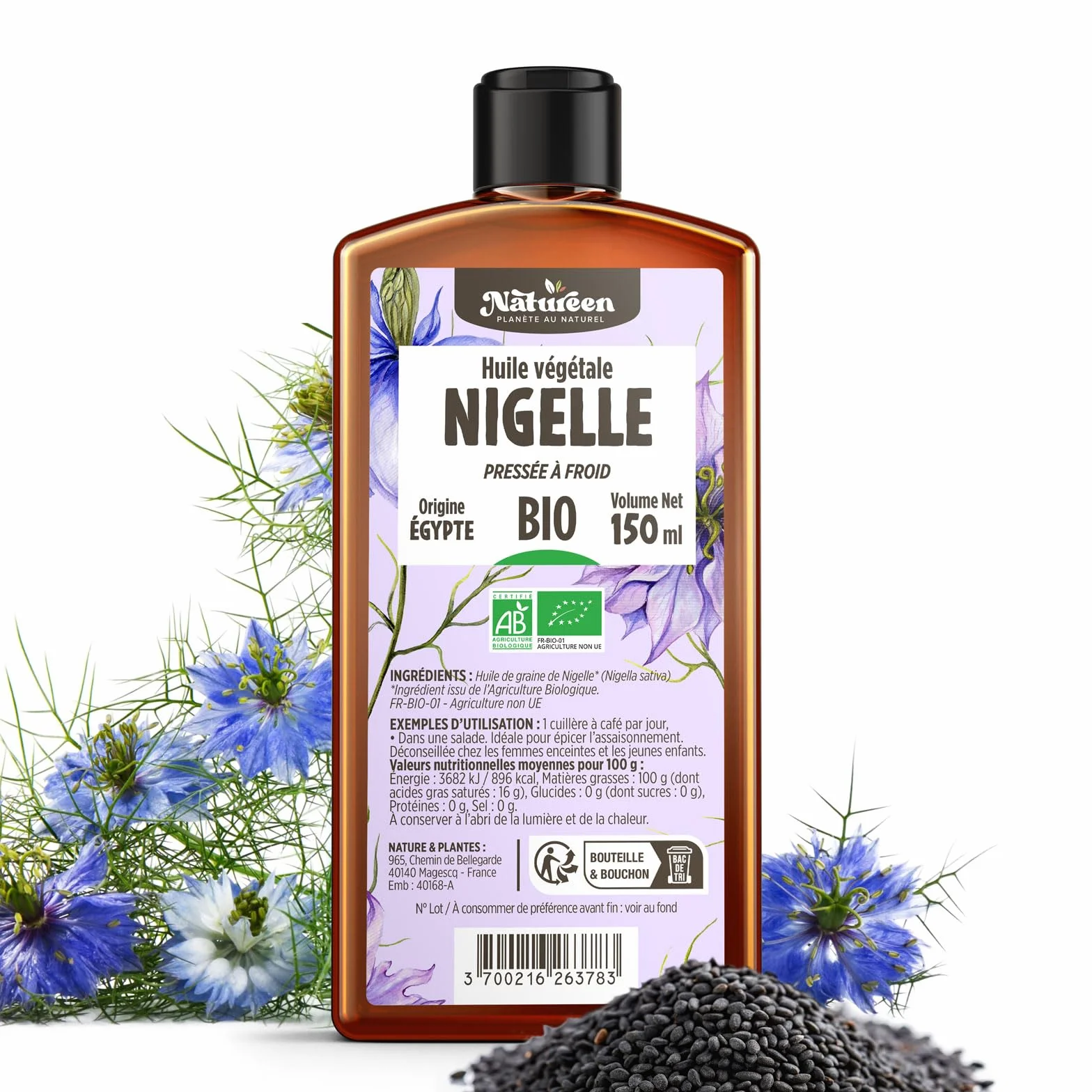 Huile de NIGELLE Bio 150 ml Planète au Naturel Pure Pressée à froid Alimentaire Cheveux Corps Ongles