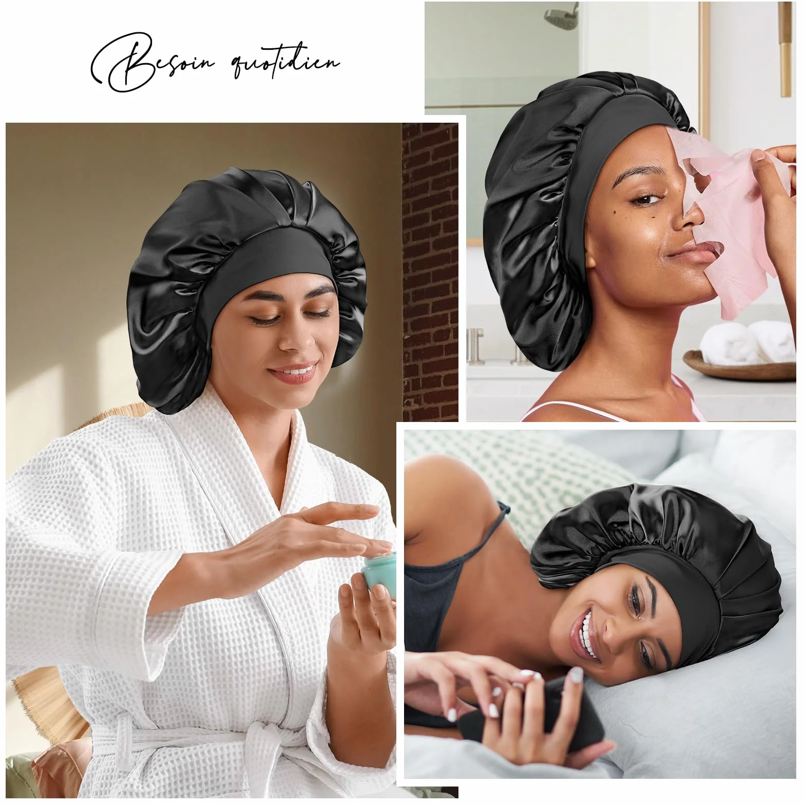 Umisleep Bonnet Soie Cheveux Nuit avec Doublure Soie de mûrier 22 Momme – Double Couche, Grande Taille pour Cheveux Longs ou bouclés, Bande Large réglable, Ultra-Doux, Noir+Violet