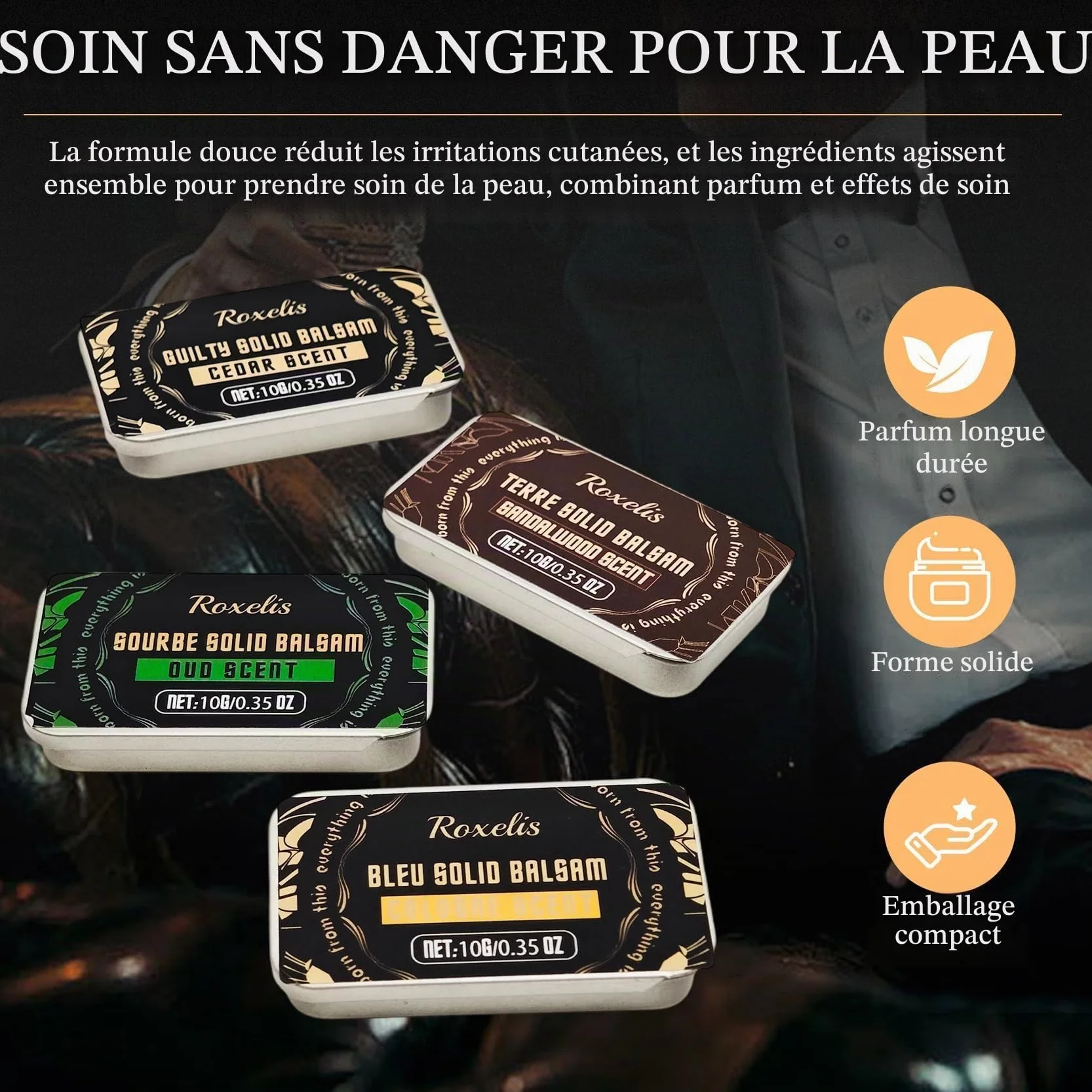 4 pièces Parfum solide pour homme, parfum masculin aux phéromones | vétiver, cèdre, sauge, santal, parfum pour homme automne-hiver, coffret de parfum format voyage, cadeau pour homme (4 x 10 g)
