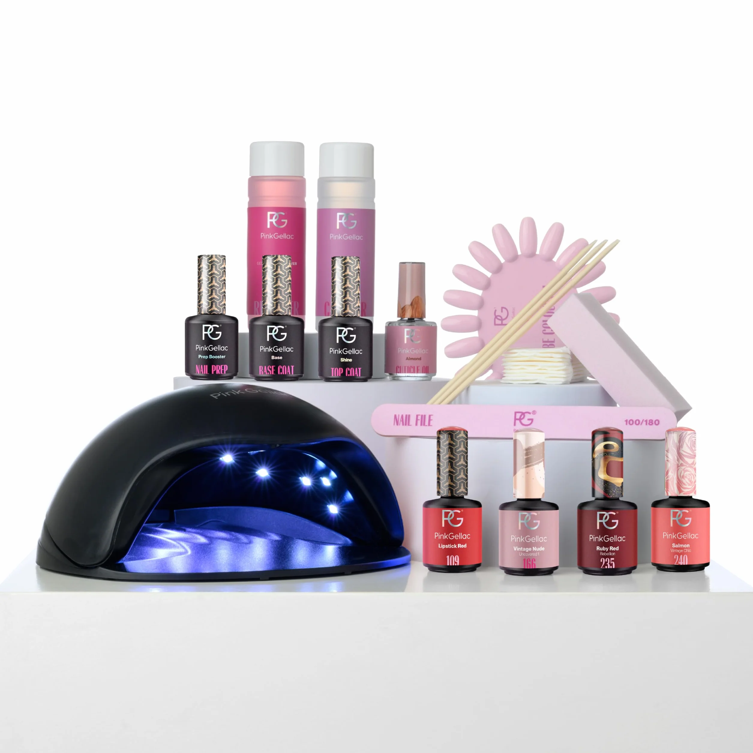 Pink Gellac Kit Manucure Semi Permanent avec Lampe UV LED Noir, 4x Teintes Rouges 15 ml, Top & Base Coat, Dissolvant