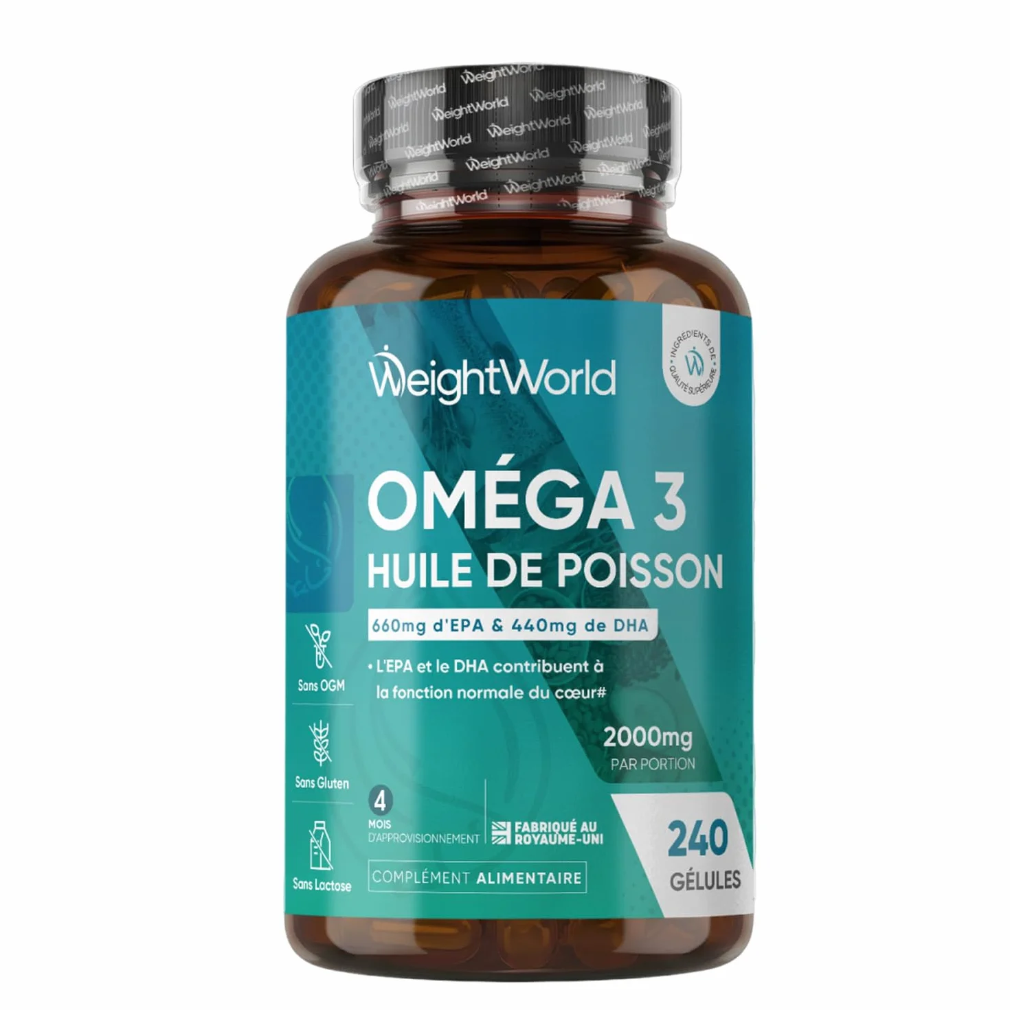 Oméga 3 Huile de Poisson Gélules 2000mg, 240 Gélules, EPA 660mg & DHA 440mg, sans Odeur
