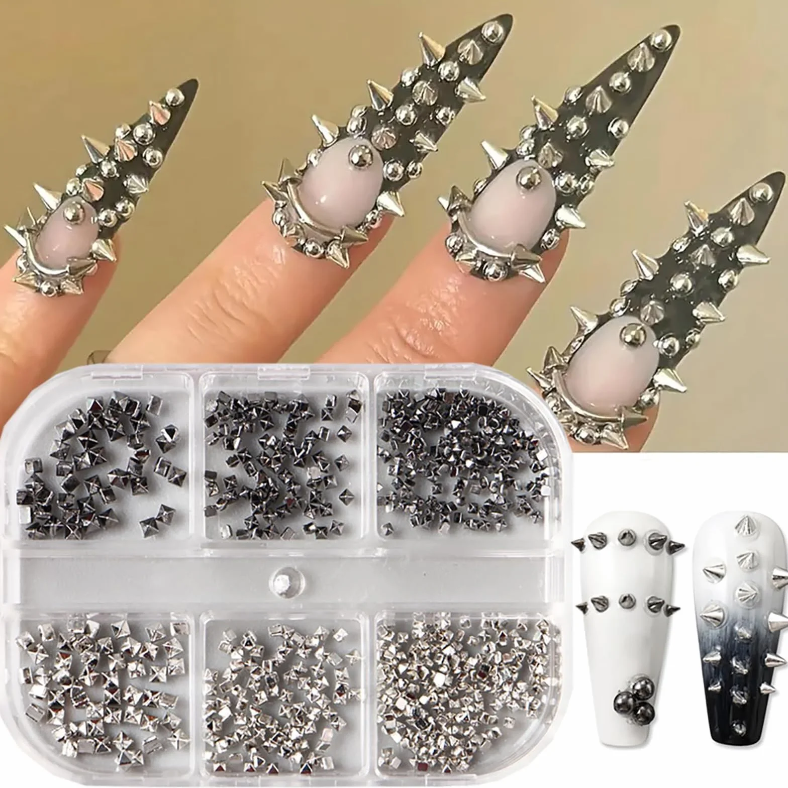 Shimmerz Lot de 6 clous métalliques style punk pour ongles, pendentifs 3D gothiques, bijou en alliage