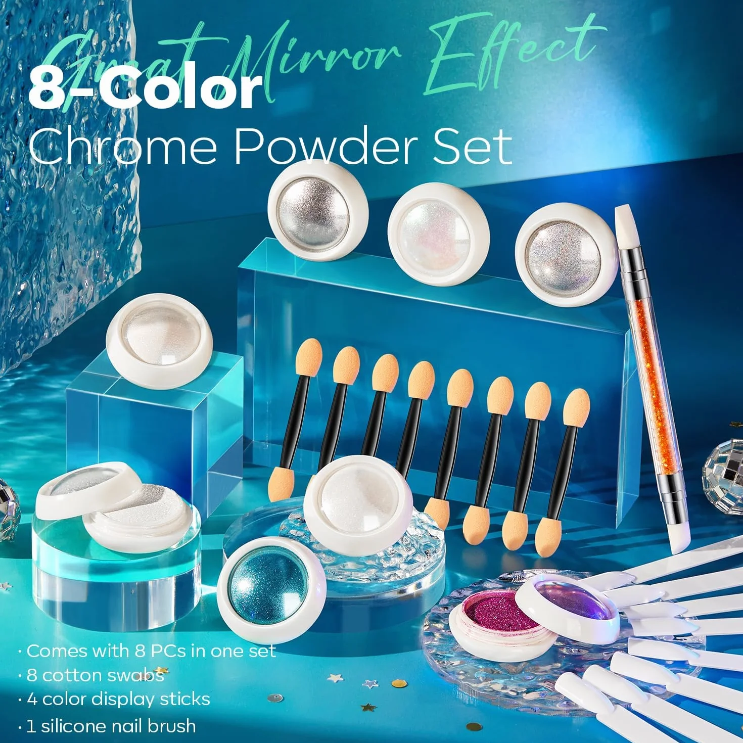 MODELONES Perle Poudre Chrome Ongles Blanc 25PCS avec Fards Chrome Nuanciers Palettes Ombres Yeux Stylo Détail Vernis Poudre Manucure