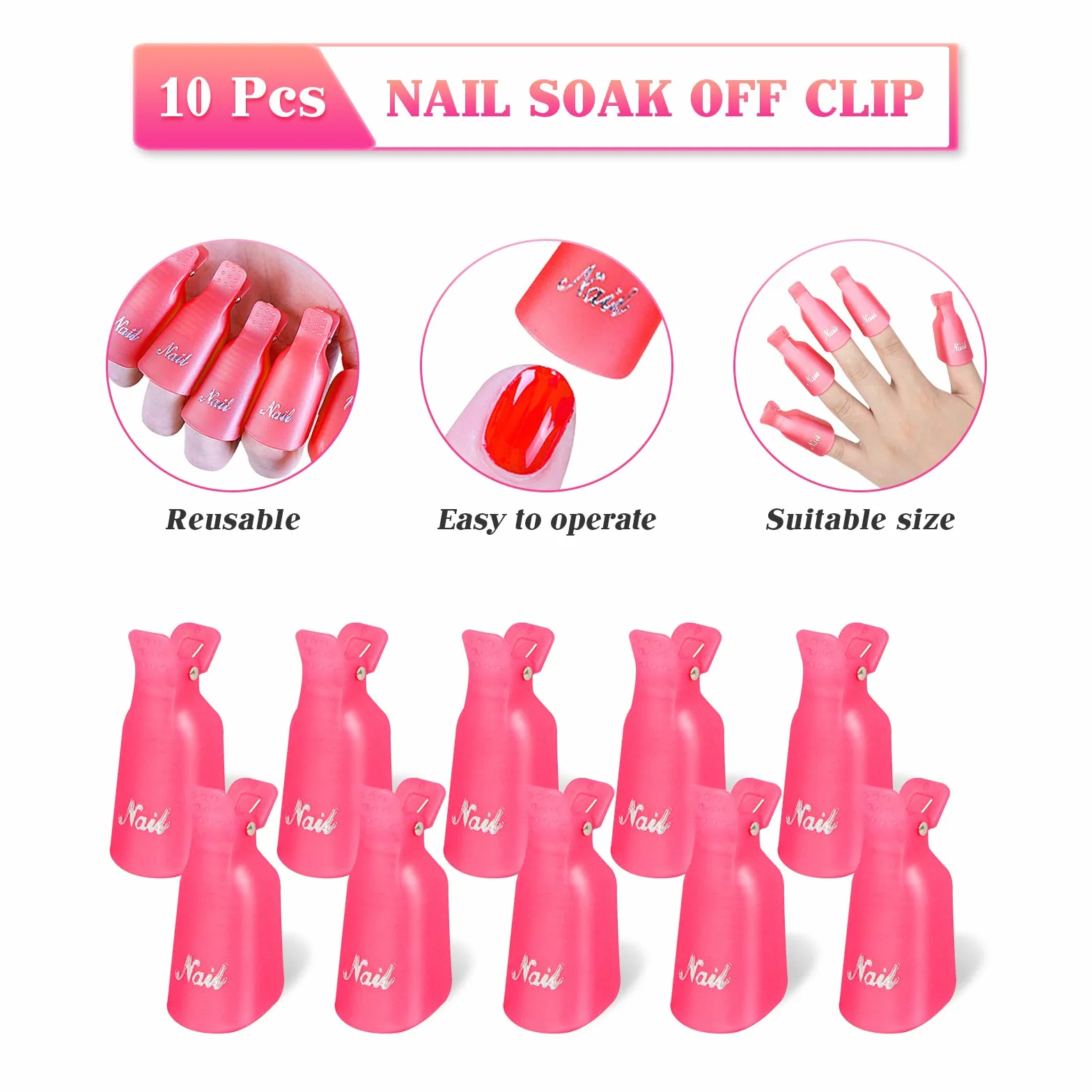 Capuchon Ongle, Nail Art Clip, 10 Pcs Pinces à Ongles En Plastique, Clip Ongles Semi Permanent pour Nettoyage Retirer Vernis Gel UV Outil Capuchon Plastique Rose