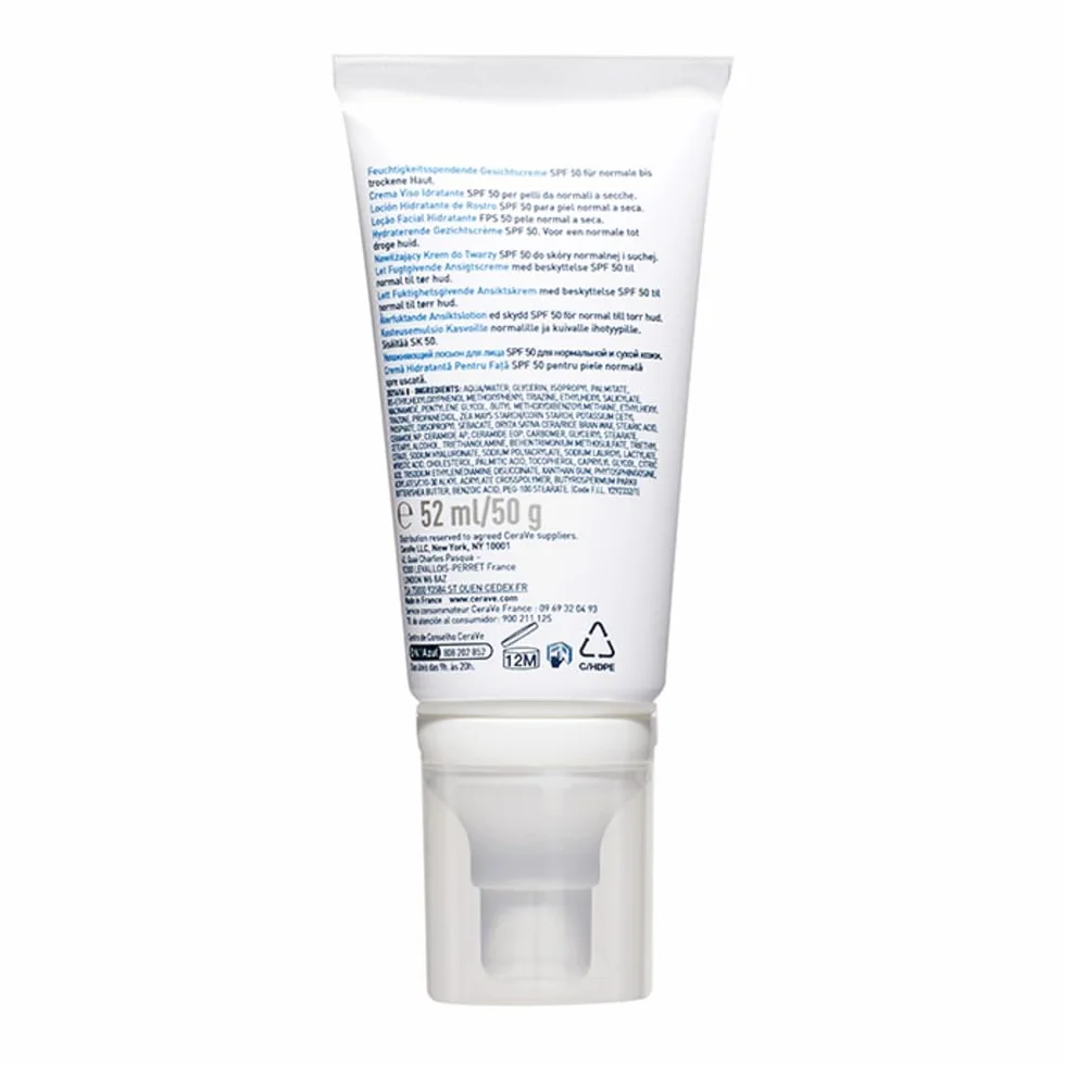 CeraVe Crème Hydratante Visage SPF50 Protection UVB UVA Acide Hyaluronique Céramide Niacinamide Vitamine E Peau Normale à Sèche 52 ml