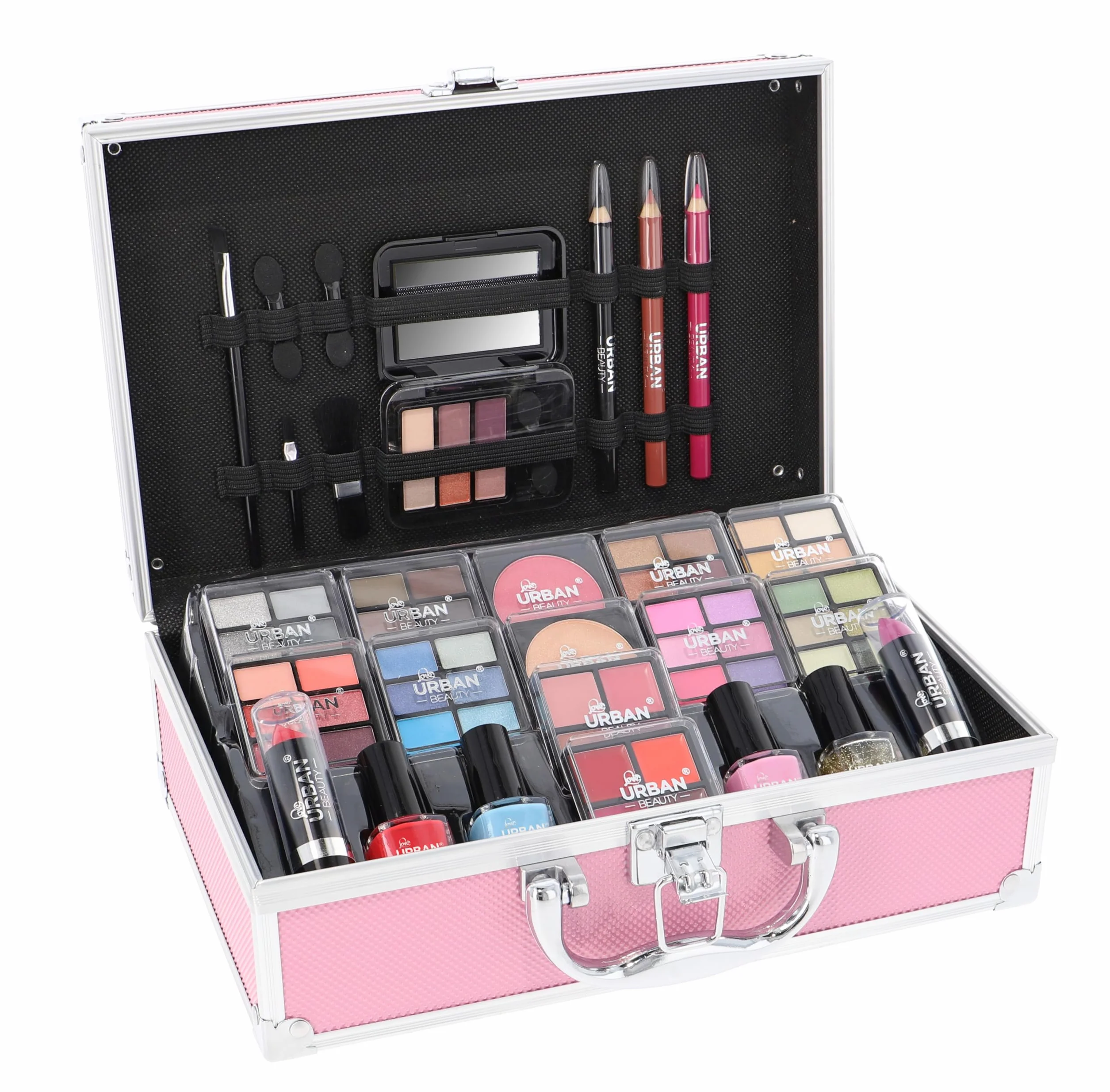 LOVE URBAN BEAUTY Végétalien Trousse maquillage rose vif - Kit maquillage 82 pièces adolescentes et femmes avec ombres à paupières, fards, rouges à lèvres et produits pour les ongles