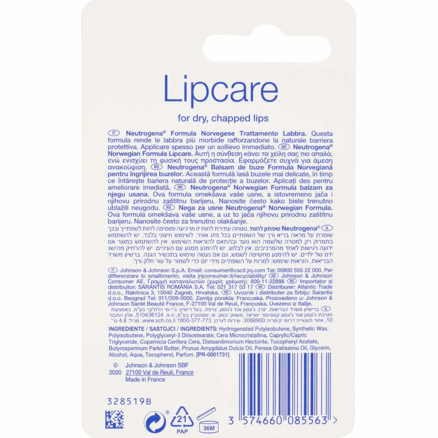 Neutrogena Stick Lèvres Nutrition Baume à Lèvres 4,8 g Soin Lèvres Formule Norvégienne