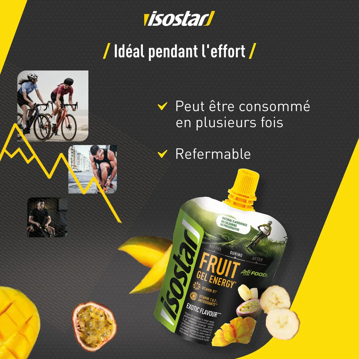 ISOSTAR Gel Actifood Fruits Exotiques Énergétique Sport Glucides Vitamines B1 C E Running Vélo Trail 90 g