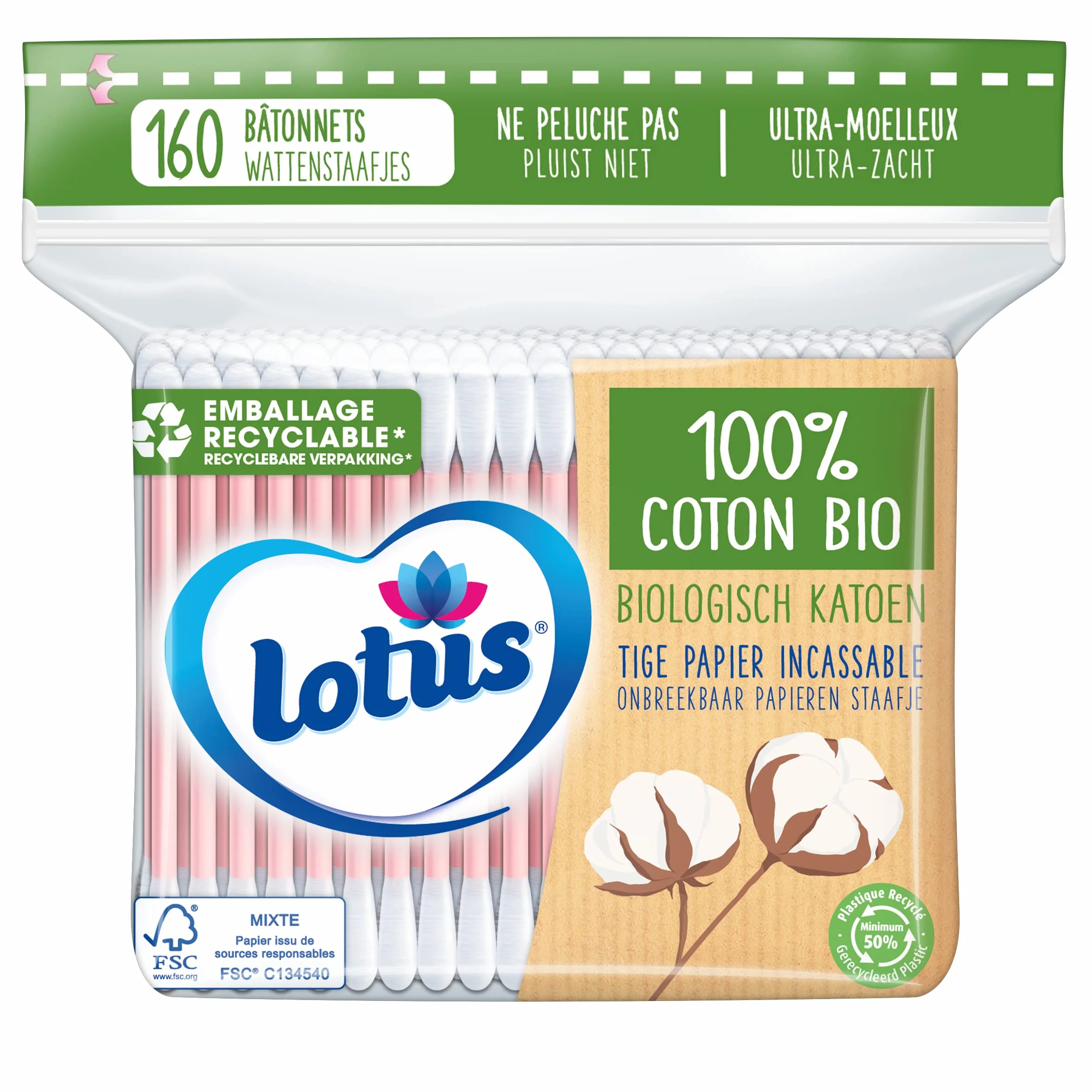 Lotus Coton-Tiges en Papier et Coton Bio Sachet 160 Bâtonnets