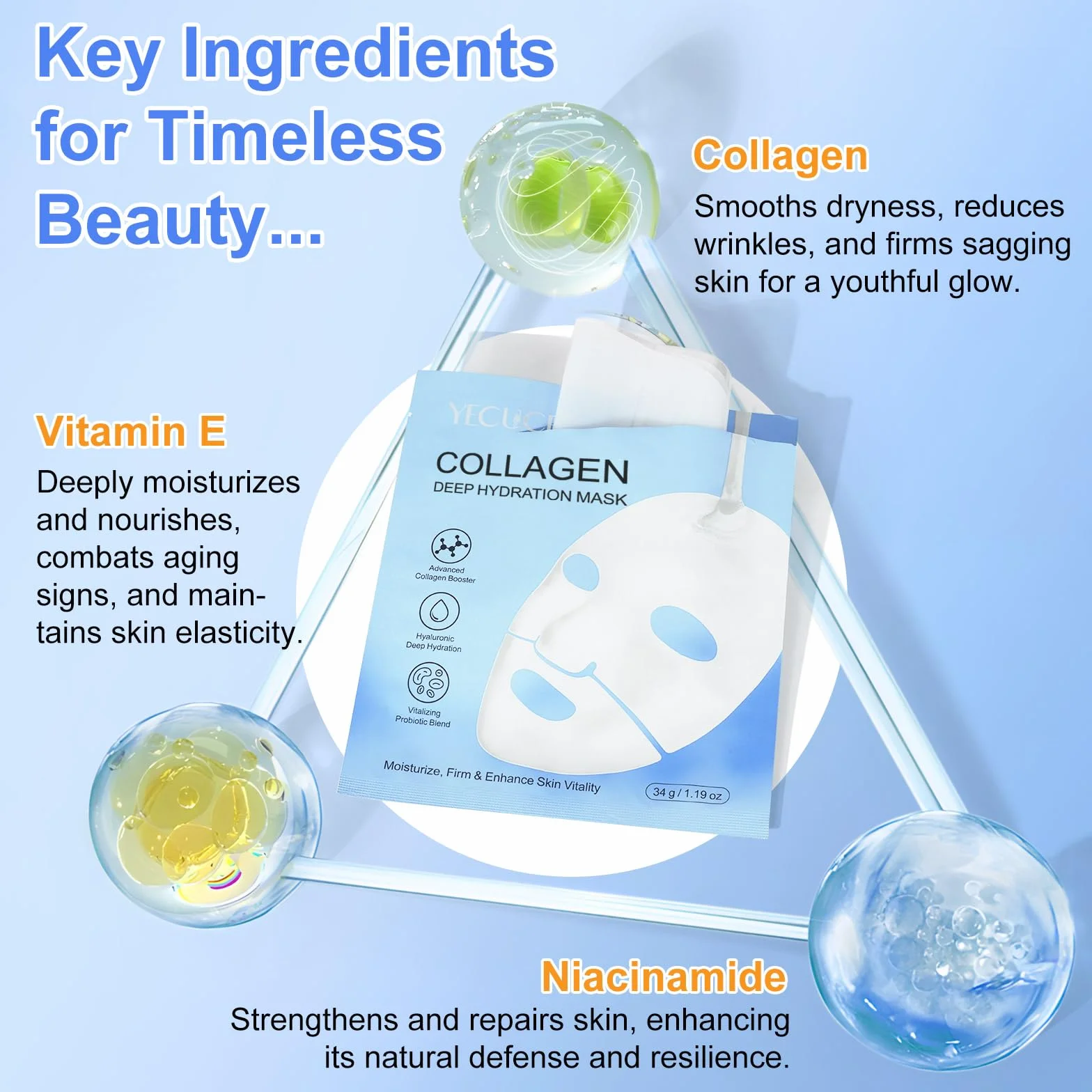 Masque Collagène Lot de 6, Masque de Nuit Hydrogel Hydratant, Rétrécit les Pores, Améliore l'Élasticité