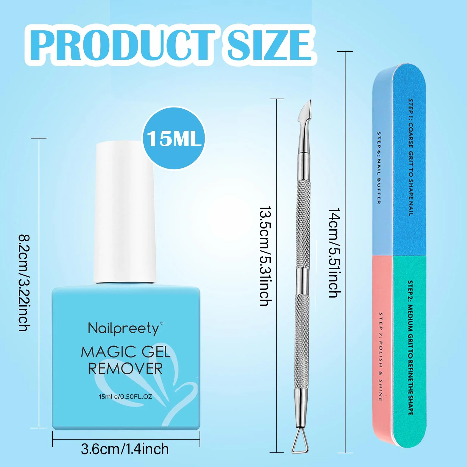 Dissolvant Vernis Semi Permanent 15ml, Gel Nail Polish Remover 3-5 min, avec Lime à Ongles et Cuticle Pusher
