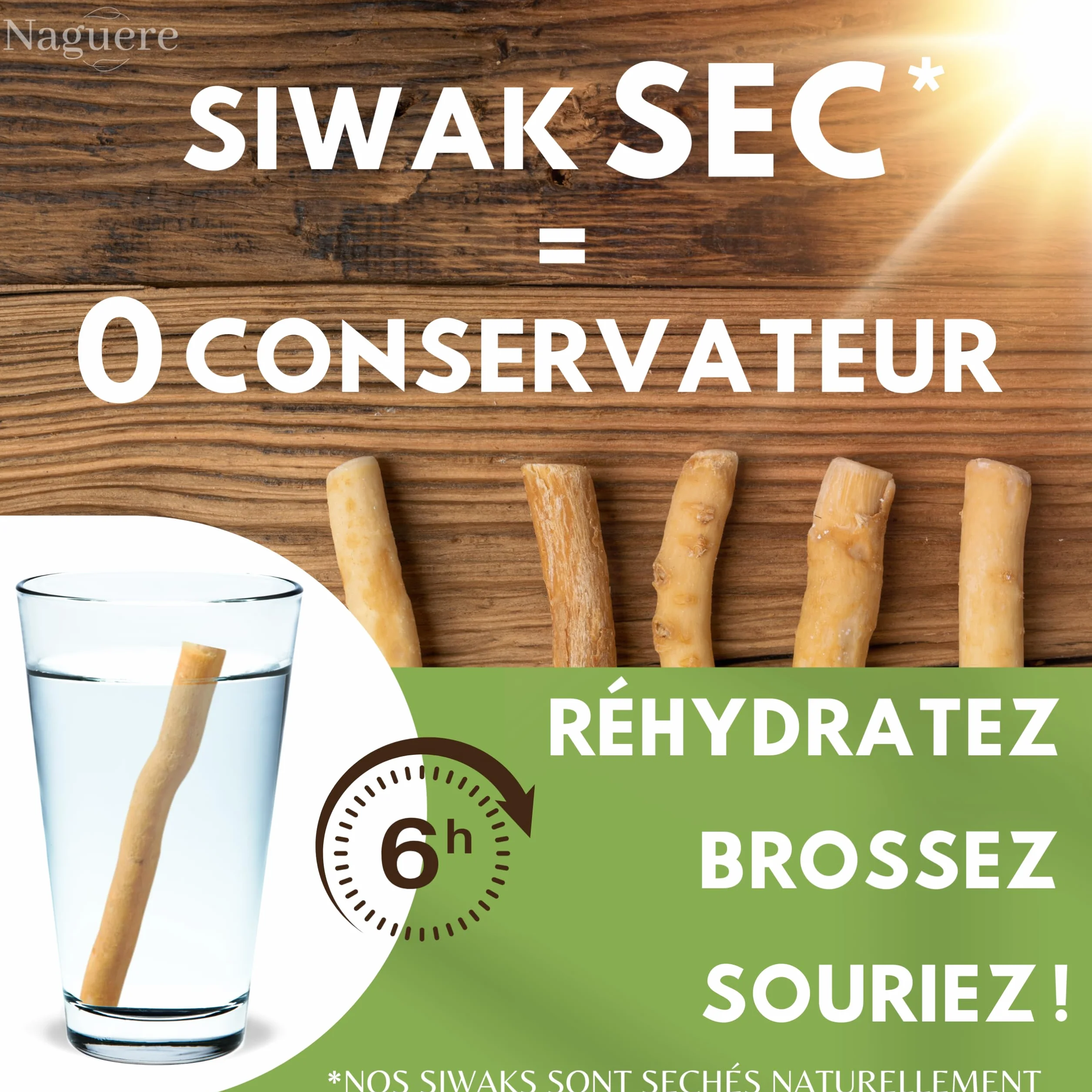 Siwak Naturel 6 Batons de Miswak Sec + Pochon Sans Conservateur Écologique Sans Plastique