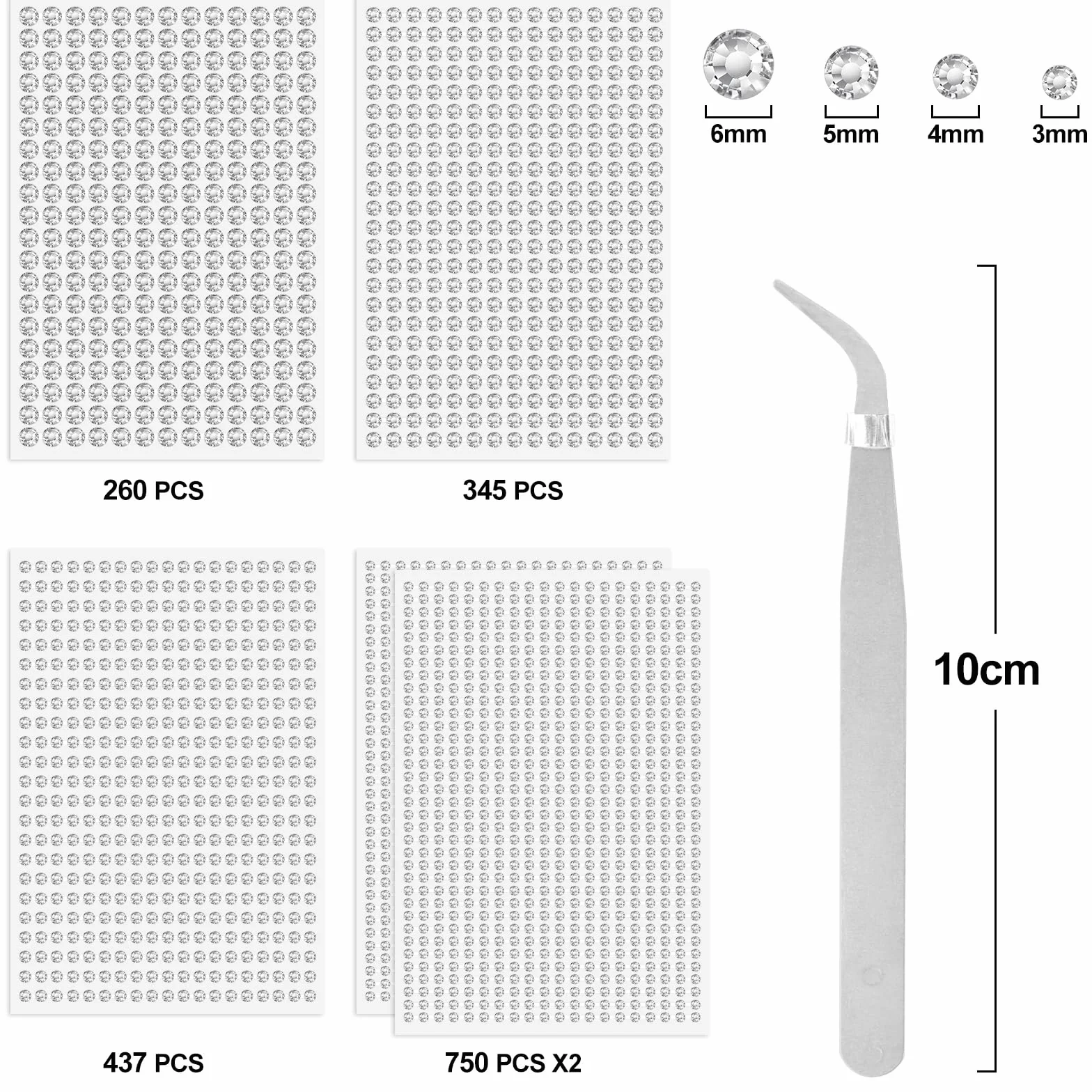 Strass Autocollant Visage 2542 Pcs, 5 Feuilles Strass Adhesif Rond pour DIY Artisanat Nail Body Maquillage Décoration (3/4/5/6mm)