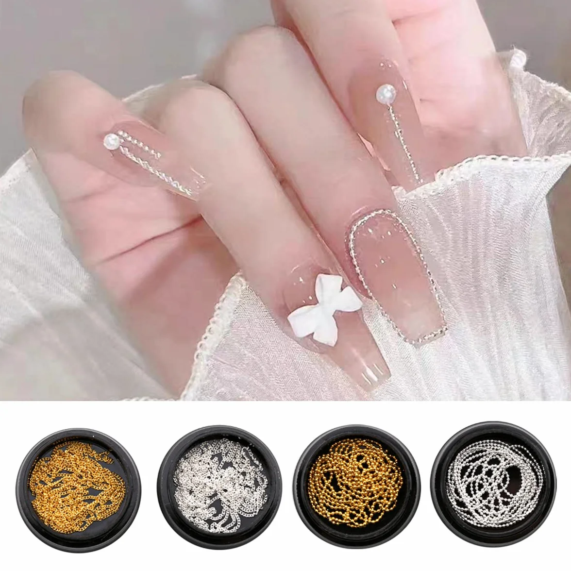 Lot de 4 chaînes à ongles métal doré argenté 1 m, pendentifs 3D nail art