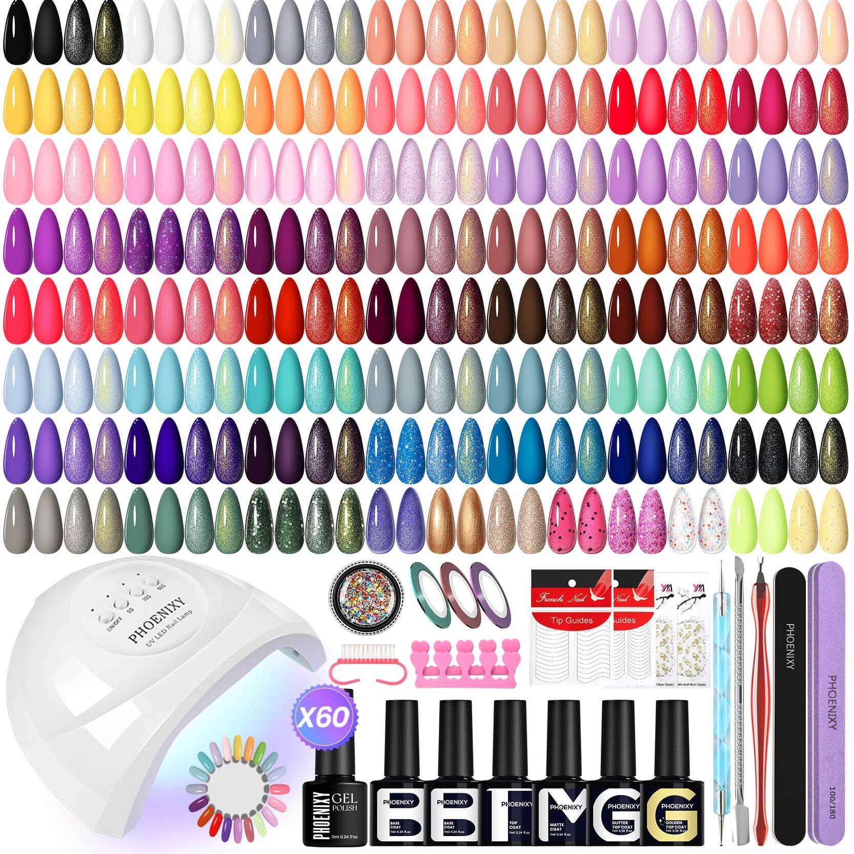 Phoenixy Kit Ongle Gel U V Complet, 60 Couleurs Kit Vernis Semi Permanent avec 48W Lampe à Ongles U V/LED Base et Top Coat Kit de Manucure Cadeaux pour Femmes