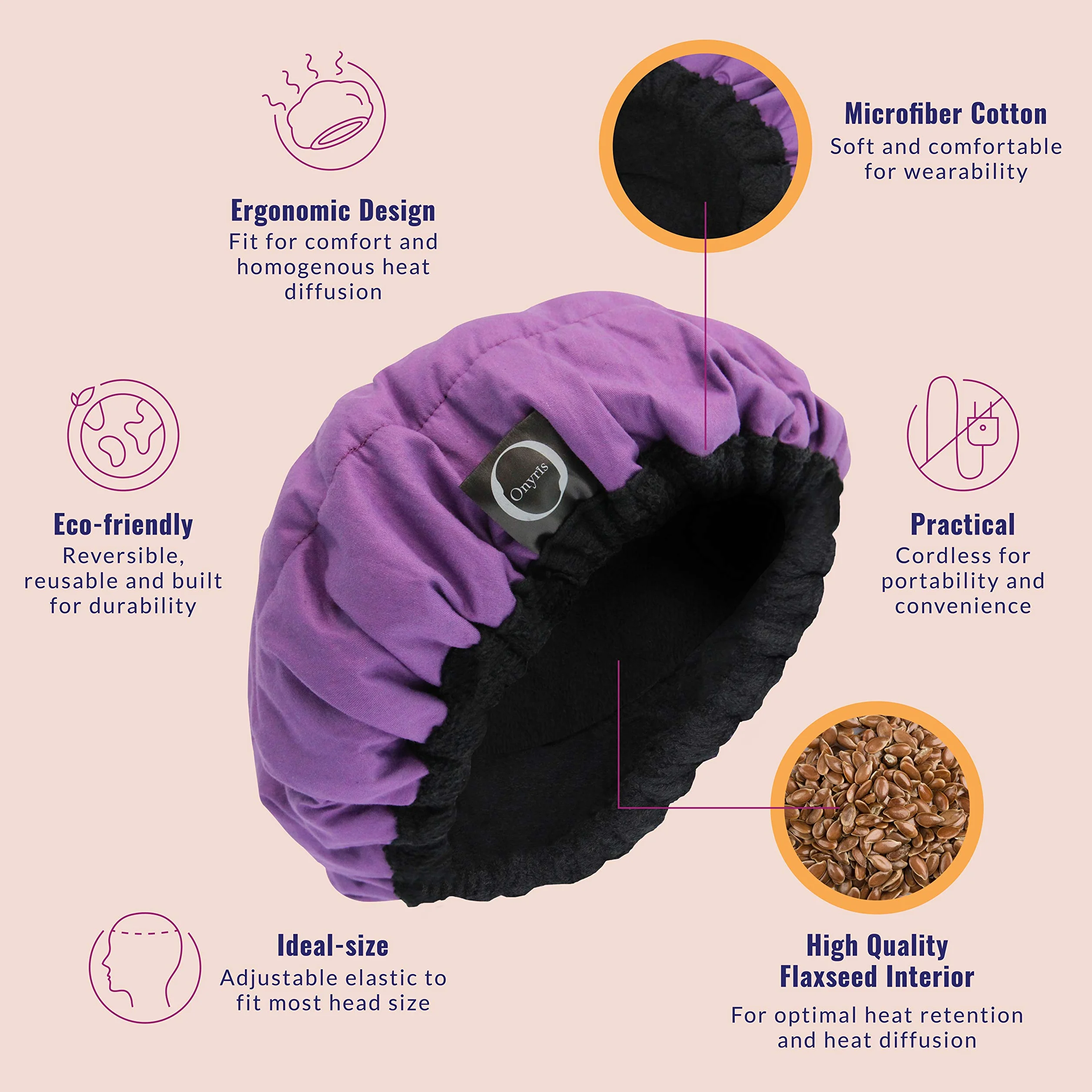 Bonnet Chauffant pour Soins Capillaires 100% Naturel aux Graines de Lin, Micro-Onde pour Tous Types et Textures de Cheveux (Purple)