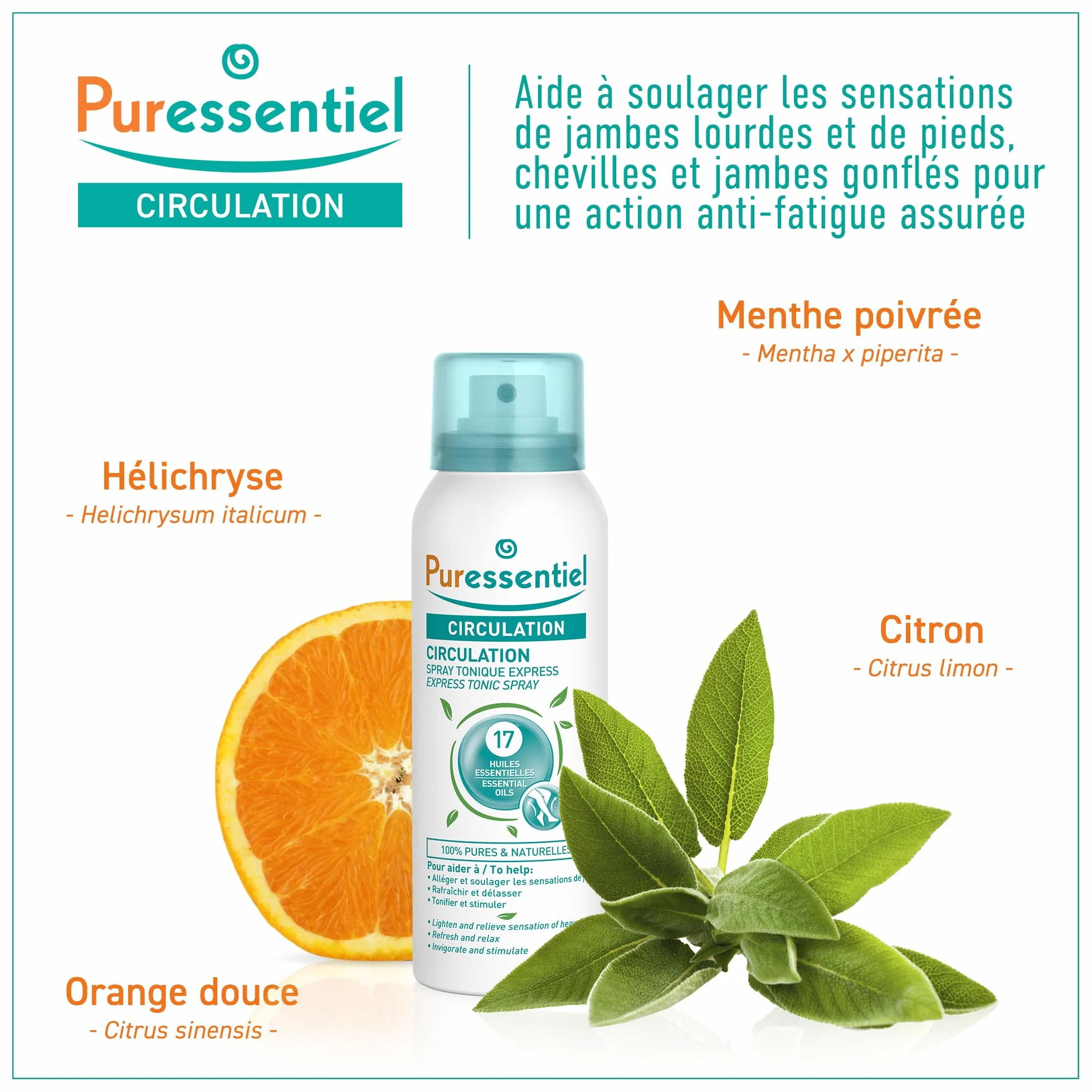 Puressentiel Circulation Spray 17 Essential Oils 100 ml Cooling Spray Heavy Legs Relief Swollen Ankles Feet