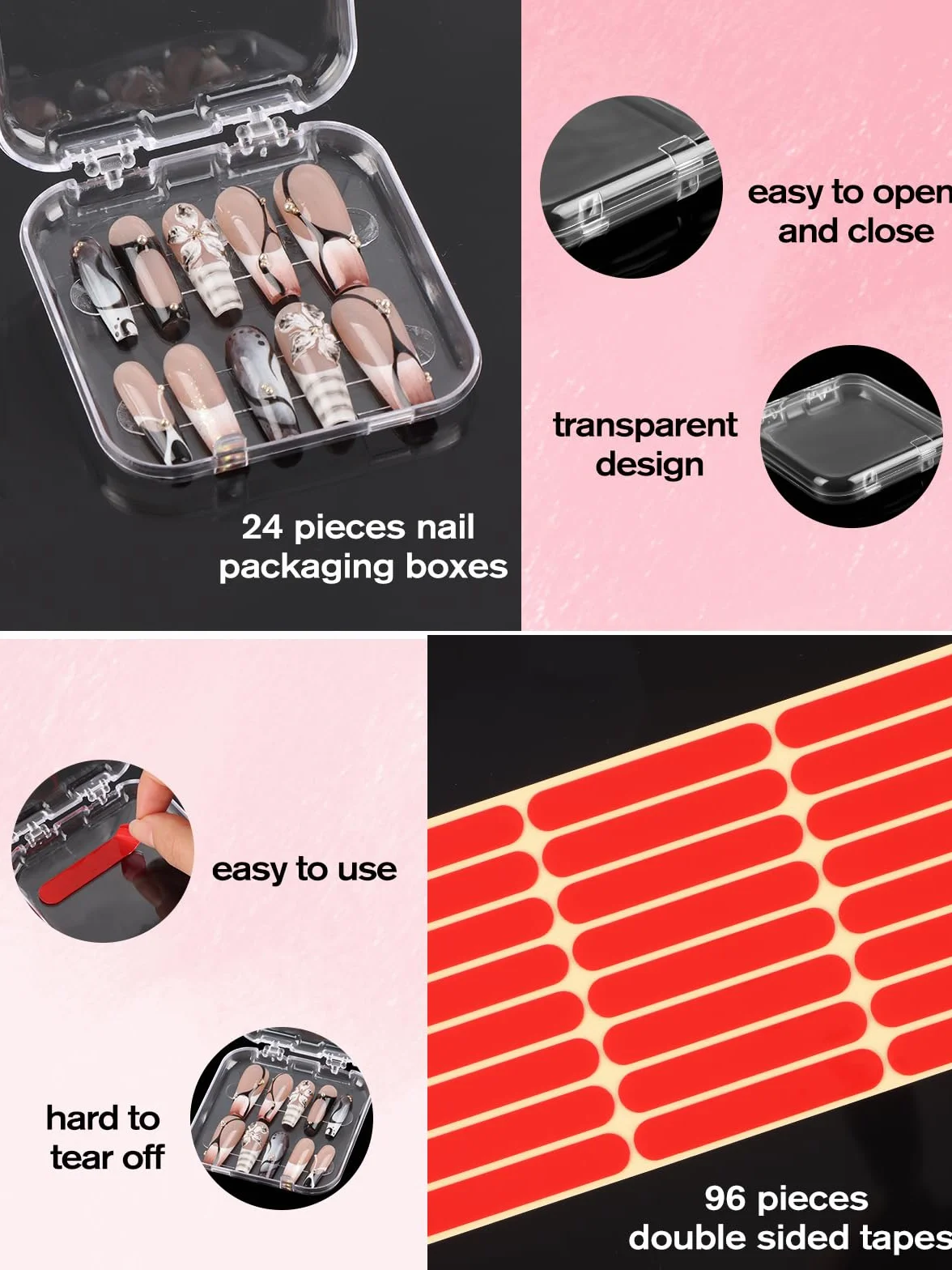 24 pièces Ensemble Boîtes Rangement pour Ongles, Kalolary Boîte Rangement Transparente Faux Ongles avec 4 feuilles Ruban Adhésif Double Face Amélioré Présentoir Transparent Faux Ongles Presser Salon