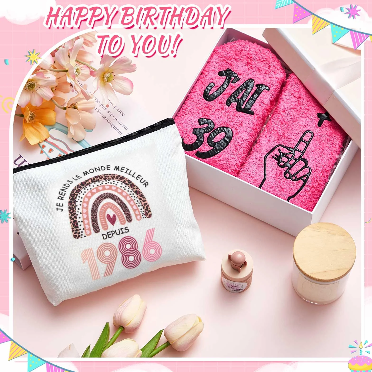 Cadeau Anniversaire Femme 40 Ans - Trousse Maquillage & Chaussettes 1986, Idée Cadeau Originale Humour Femme Née en 1986, Set Accessoire 40e Anniversaire