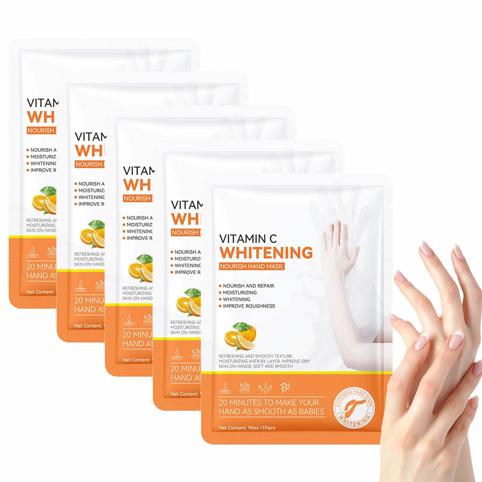 Masques Hydratants et Exfoliants pour les Mains à la Vitamine C, 5PCS