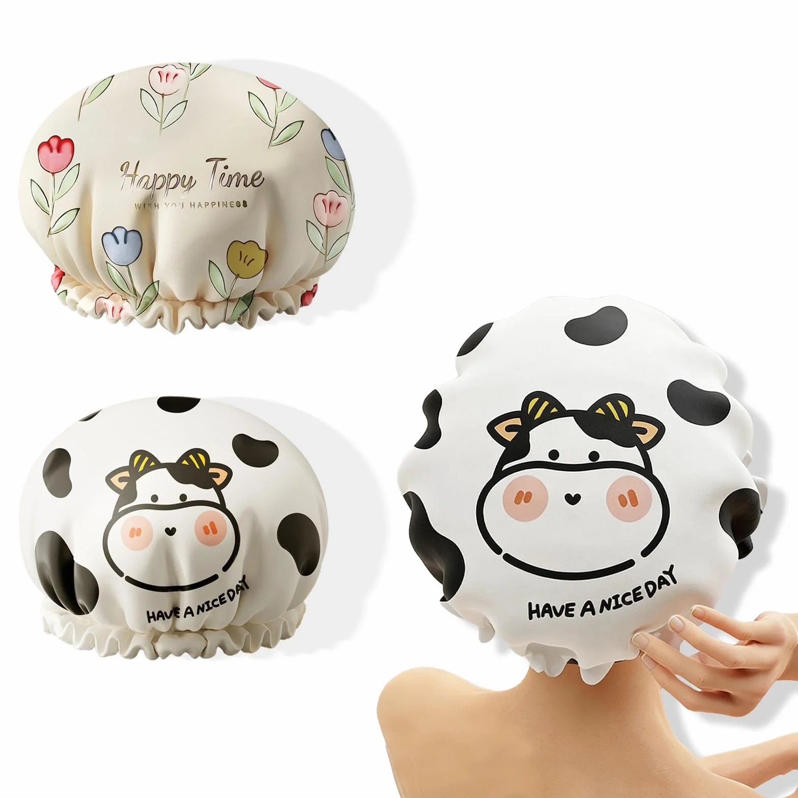 Bonnets de douche imperméables double couche lot de 2 réutilisables élastiques