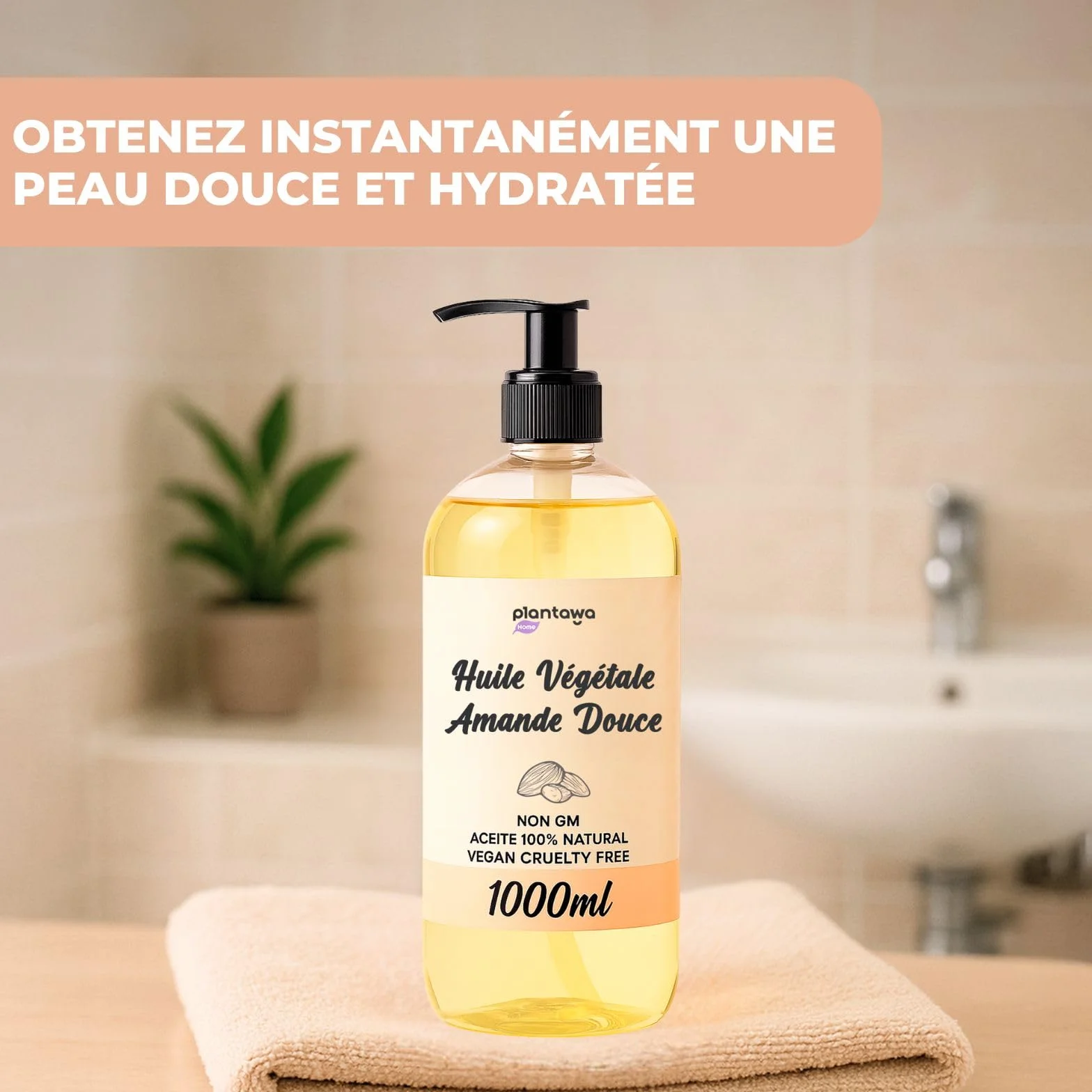 PLANTAWA Huile d'amande douce 1 l BIO avec dosificateur