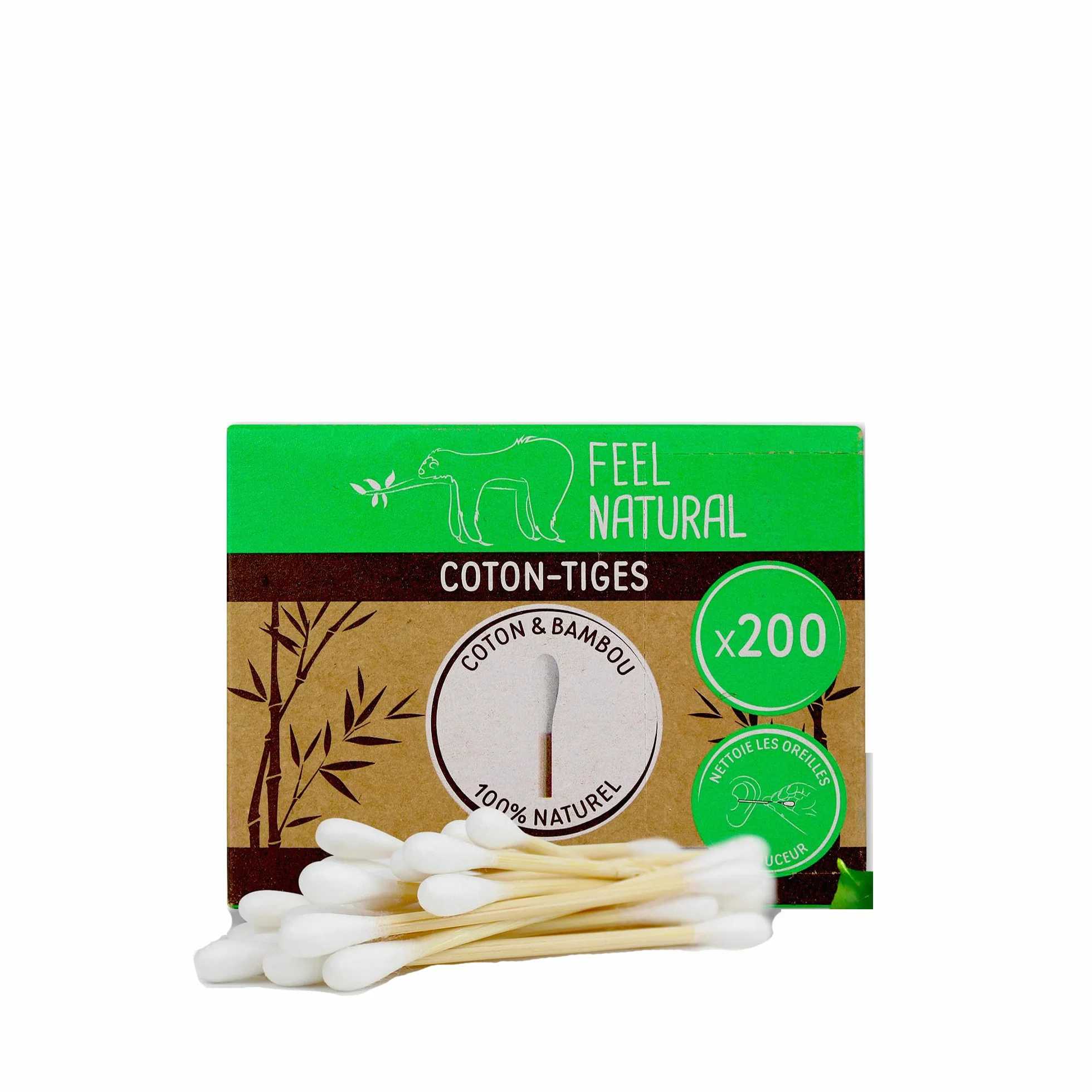 Bambou Feel Natural Coton Tige Bambou Boîte 200 Cotons Tiges Blanc Hygiène Oreille Démaquillage