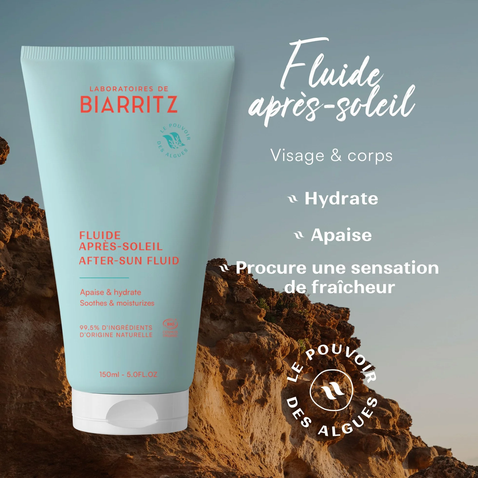Laboratoires de Biarritz Fluide Après-Soleil Certifié Bio Hydrate et Apaise Visage et Corps 150 ml