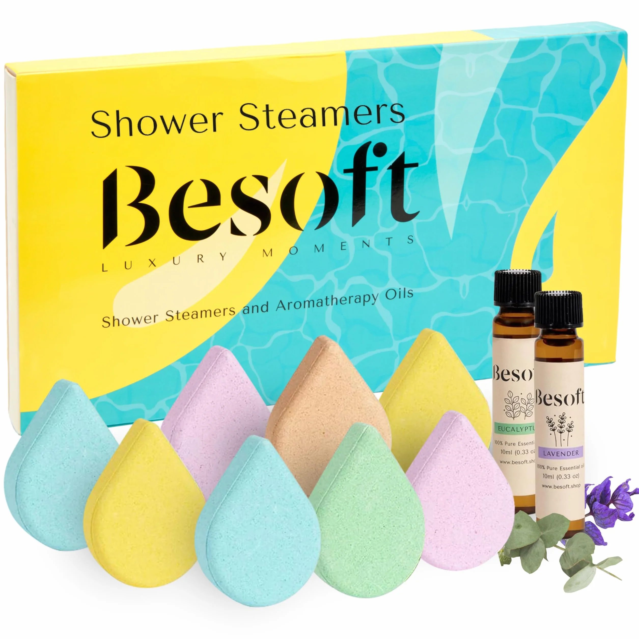 Besoft Ensemble d'aromathérapie pour douche – 8 bombes de douche avec 2 huiles essentielles de lavande et d'eucalyptus | Cadeaux pour elle et cadeau de relaxation pour femme | Coffret cadeau