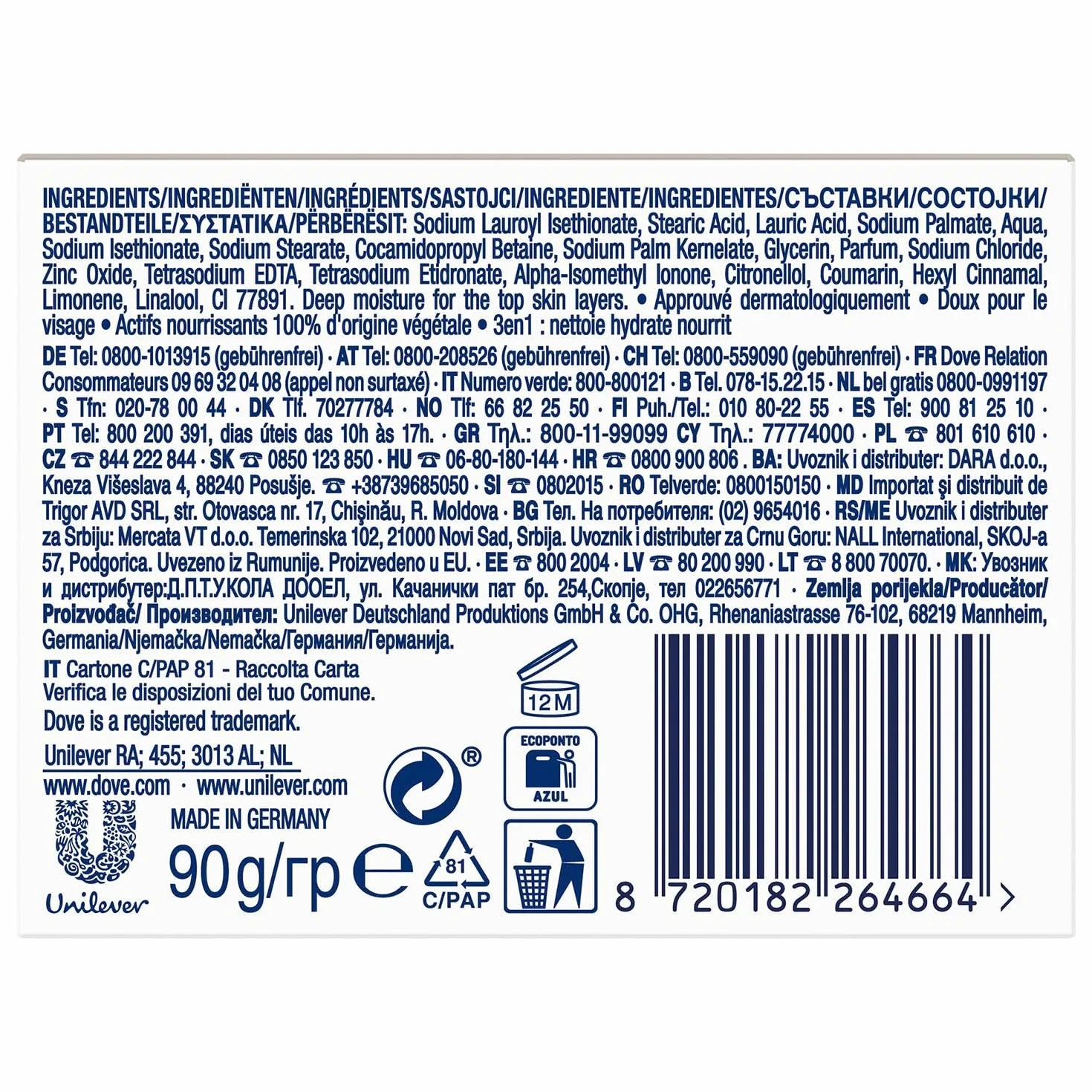 Dove Savon de bain 3 en 1 Originale 8x90 g nettoie hydrate nourrit sans sulfate