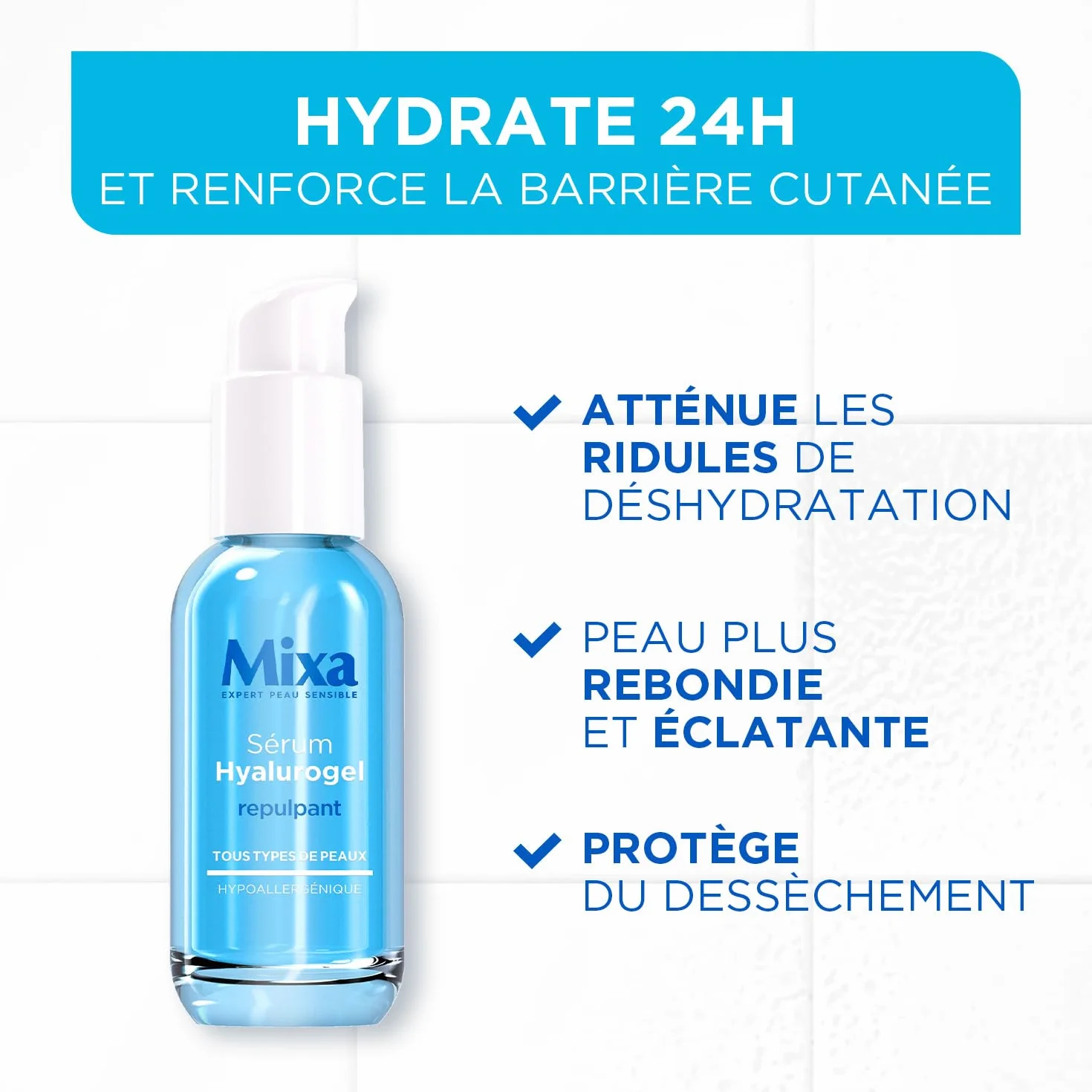 MIXA Sérum Booster d'Hydratation Intense 24H Acide Hyaluronique Pur Vitamines B3 B5 Peaux Déshydratées Sensibles 30ml