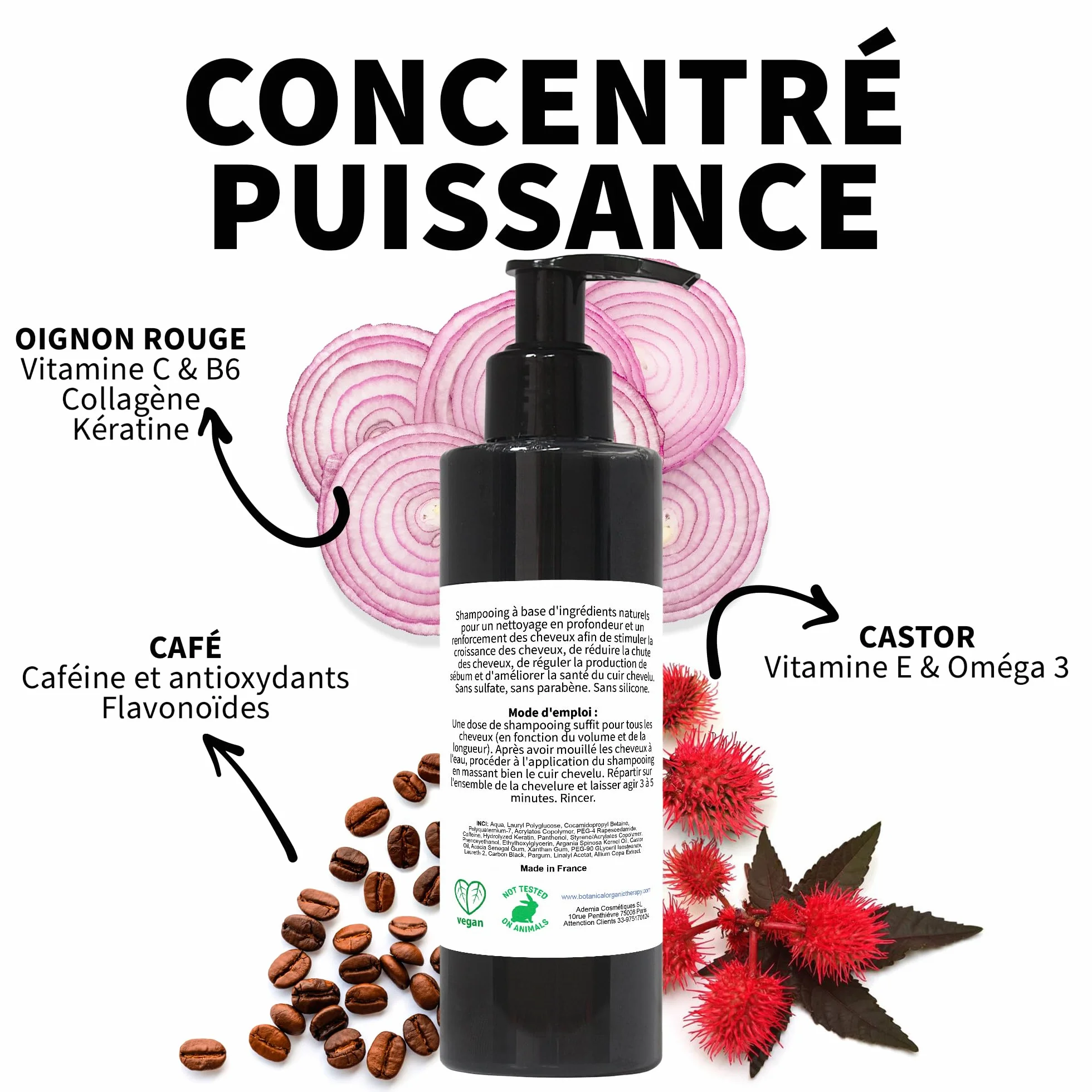 Shampooing Oignon, Caféine et Huile de Ricin pour Cheveux Antipelliculaire Volume Capillaire et Barbe Anti Chute Hydratant Croissance des Cheveux SANS SULFATE 3 x 200 ml