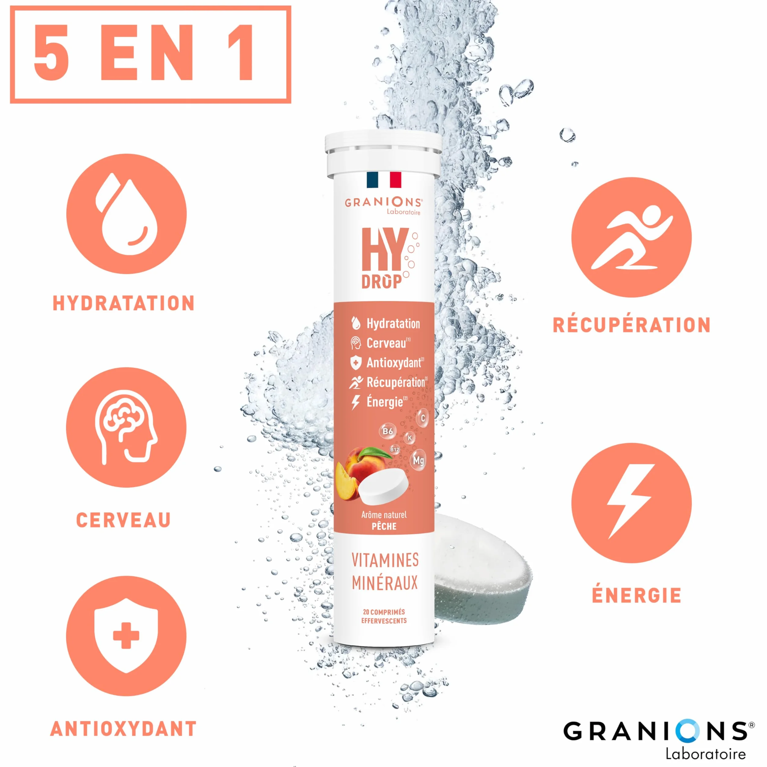 GRANIONS HYDROP Pastilles Hydratation Pêche Sans Sucres Électrolytes Magnésium 20 Pastilles Effervescentes