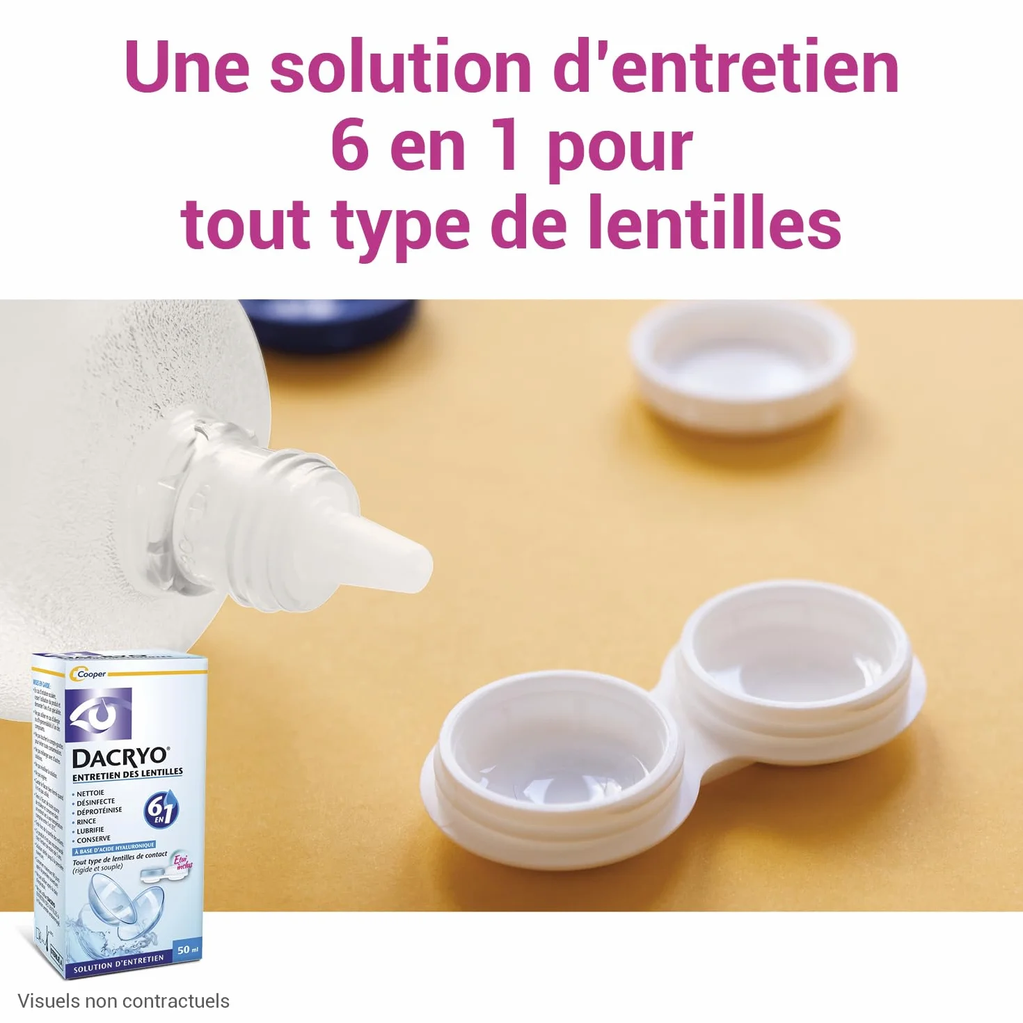DACRYO Solution d'entretien des lentilles 6 en 1 50 ml - Nettoie, désinfecte, déproténise, rince, lubrifie, conserve - Acide Hyaluronique - Étui inclus
