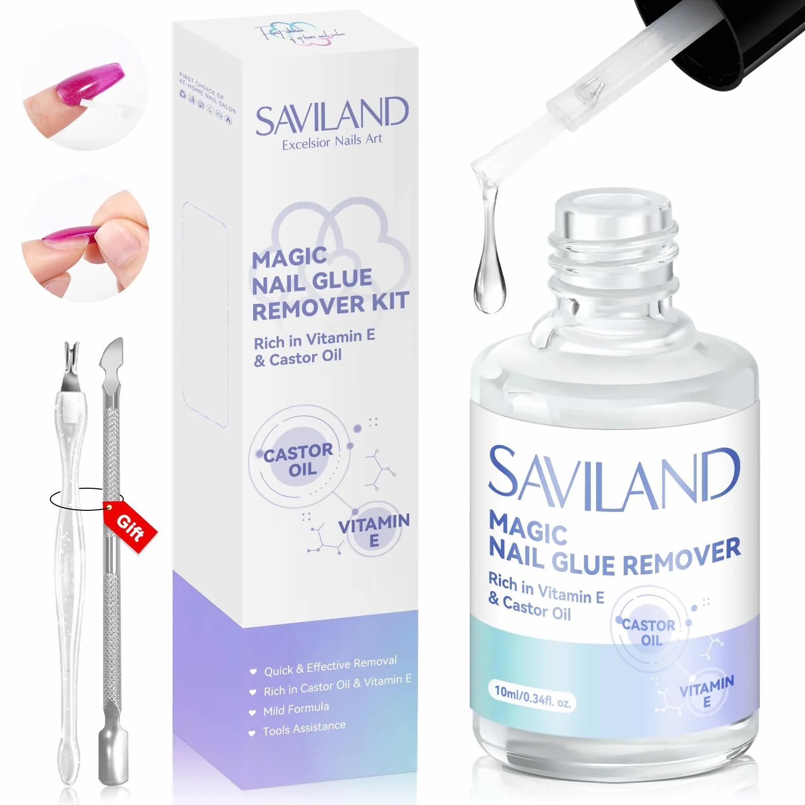Saviland Kit de Dissolvant pour Colle à Ongles avec Huile de Ricin, Vitamine E, Pousse-Cuticules et Fourchette