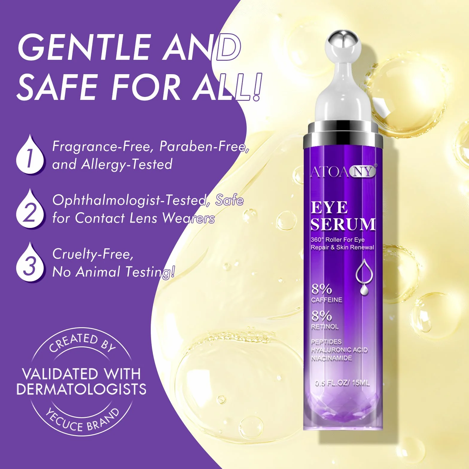 Sérum yeux cernes poches 8% caféine 8% rétinol crème anti-âge 360° Eye Roller Massage Ball 15ml