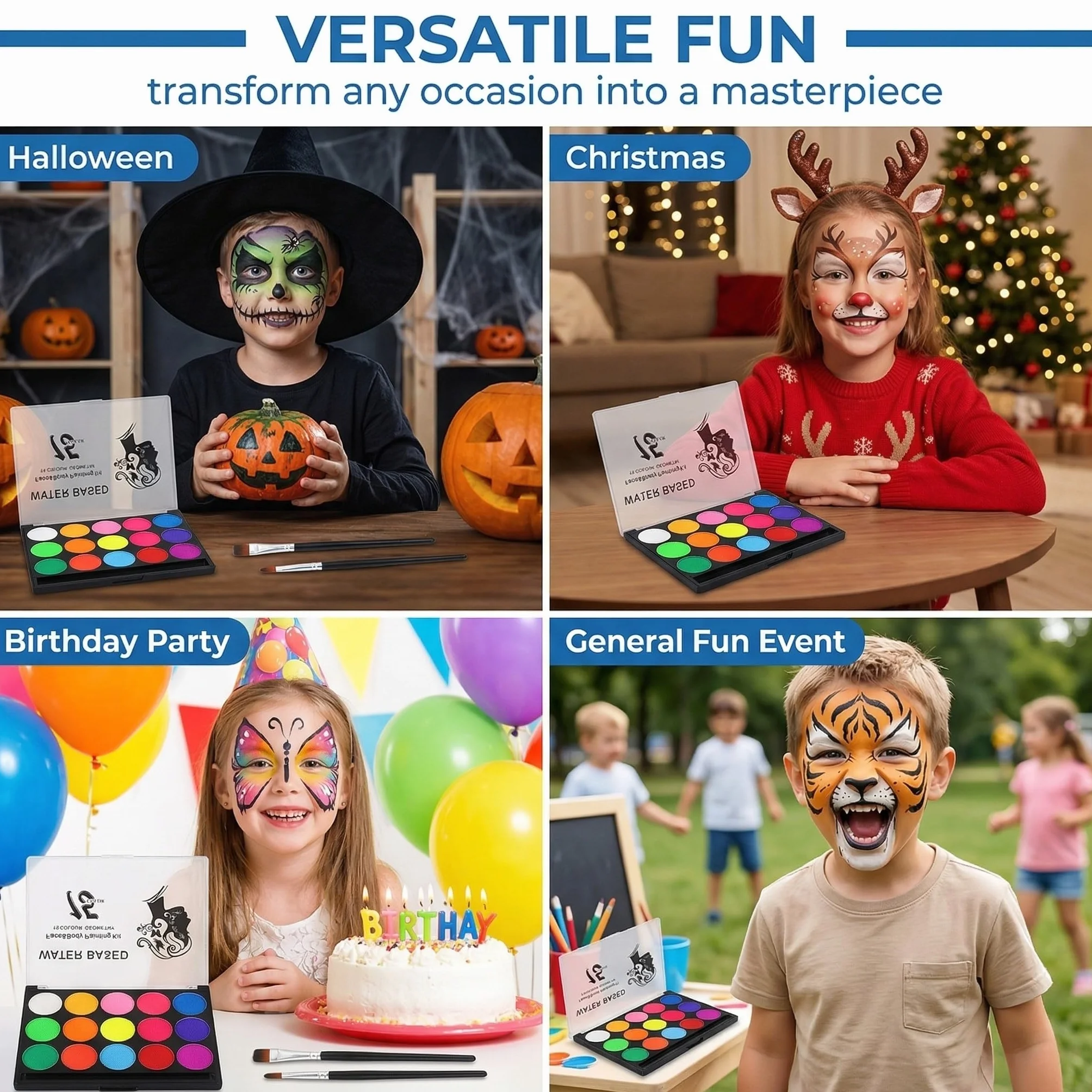 Set de Maquillage pour Enfants, 15 Couleurs, Palette Enfant Body Painting et Carnaval Visage, avec 2 Pinceaux Maquillages, pour Halloween, Noël, Carnaval, Soirées à Thème, Fête d'anniversaire