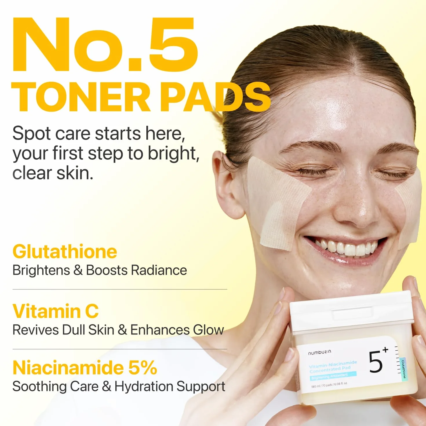 Numbuzin N°5 Toner Pads 70 Pads 180 ml Vitamine-Niacinamide Concentrée Double Face Glutathion PHA Exfoliation Anti-tache