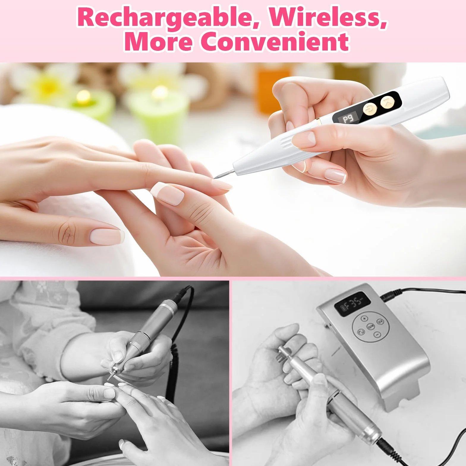 Ponceuse pour Ongles Professionnel 35000RPM Sans Fil, Écran LED LCD, Rechargeable Type-C