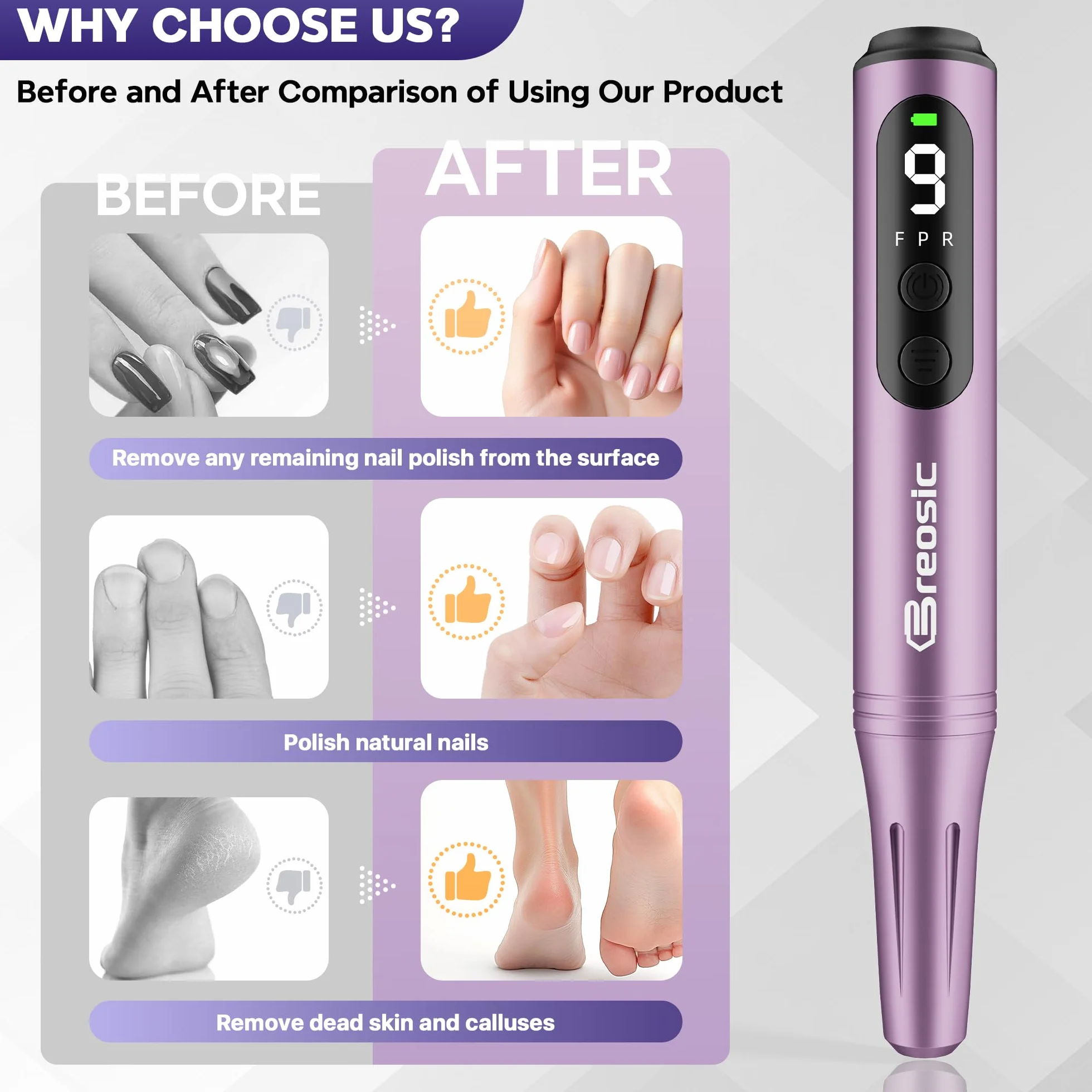 Ponceuse pour Ongles Professionnelle 35000 tr/min, Lime à Ongle Électrique Portable, 9 Vitesses Réglables, Kit Manucure Pédicure USB-C (Violette)