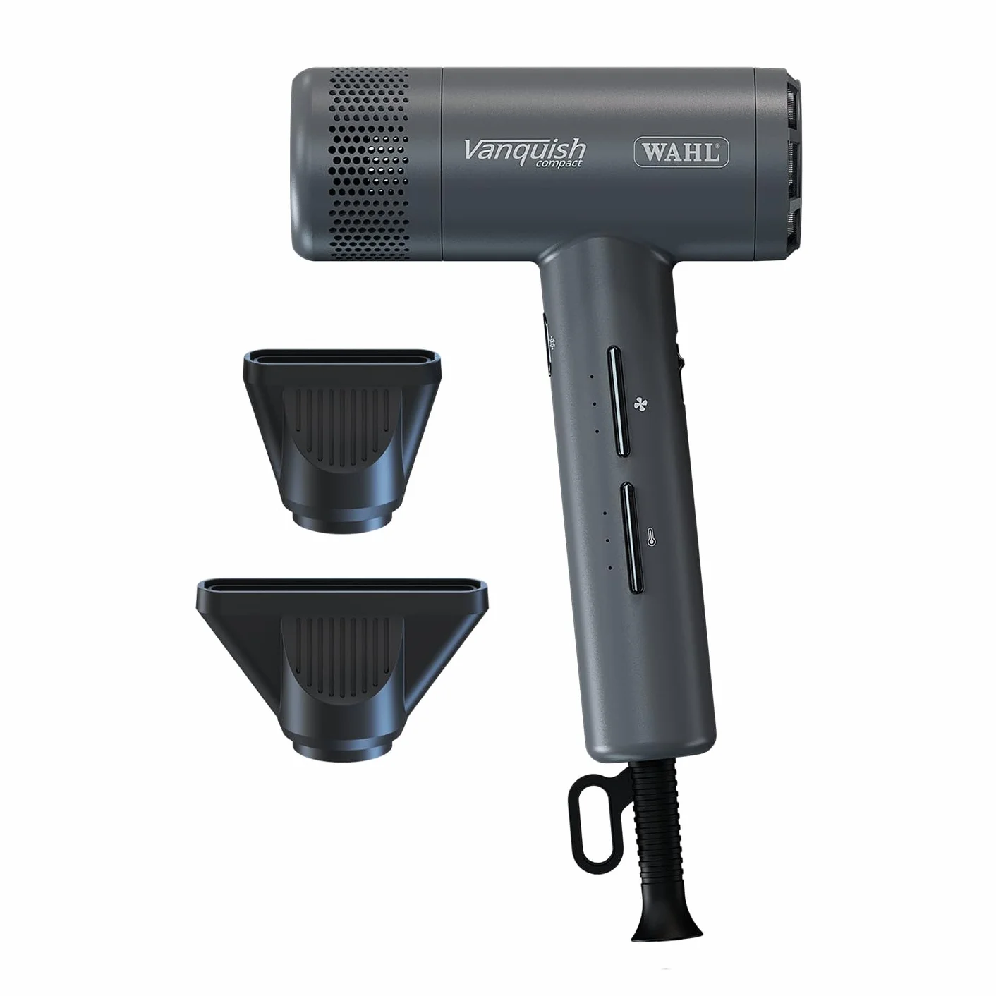 WAHL Vanquish Compact Grey Hair Dryer – Sèche-cheveux professionnel léger équipé d'un moteur numérique, de 3 réglages de chaleur et de vitesse, d'un jet d'air froid, d'une fonction d'auto-nettoyage et