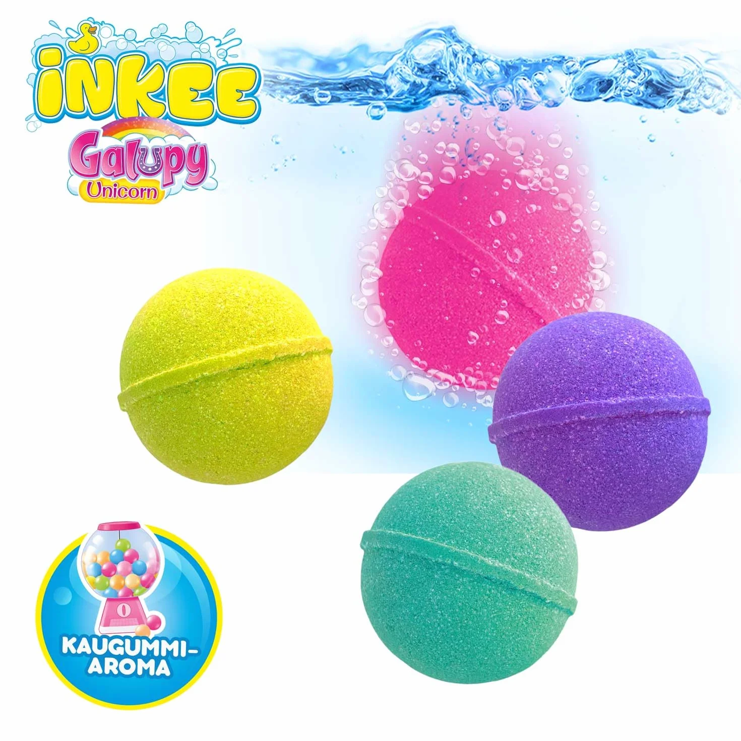 INKEE GALUPY UNICORN Pack de 4 Bombes de bain enfant 4 couleurs parfum Chewing-gum huile Jojoba 4x50g