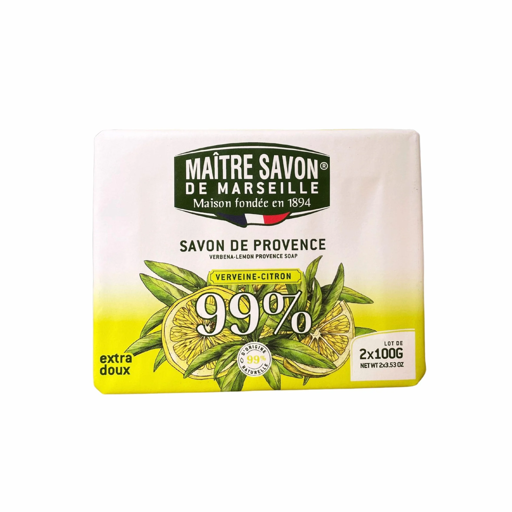 Savon de Marseille Verveine-Citron Extra Doux 2x100g 99% Ingrédients Naturels Corps & Mains