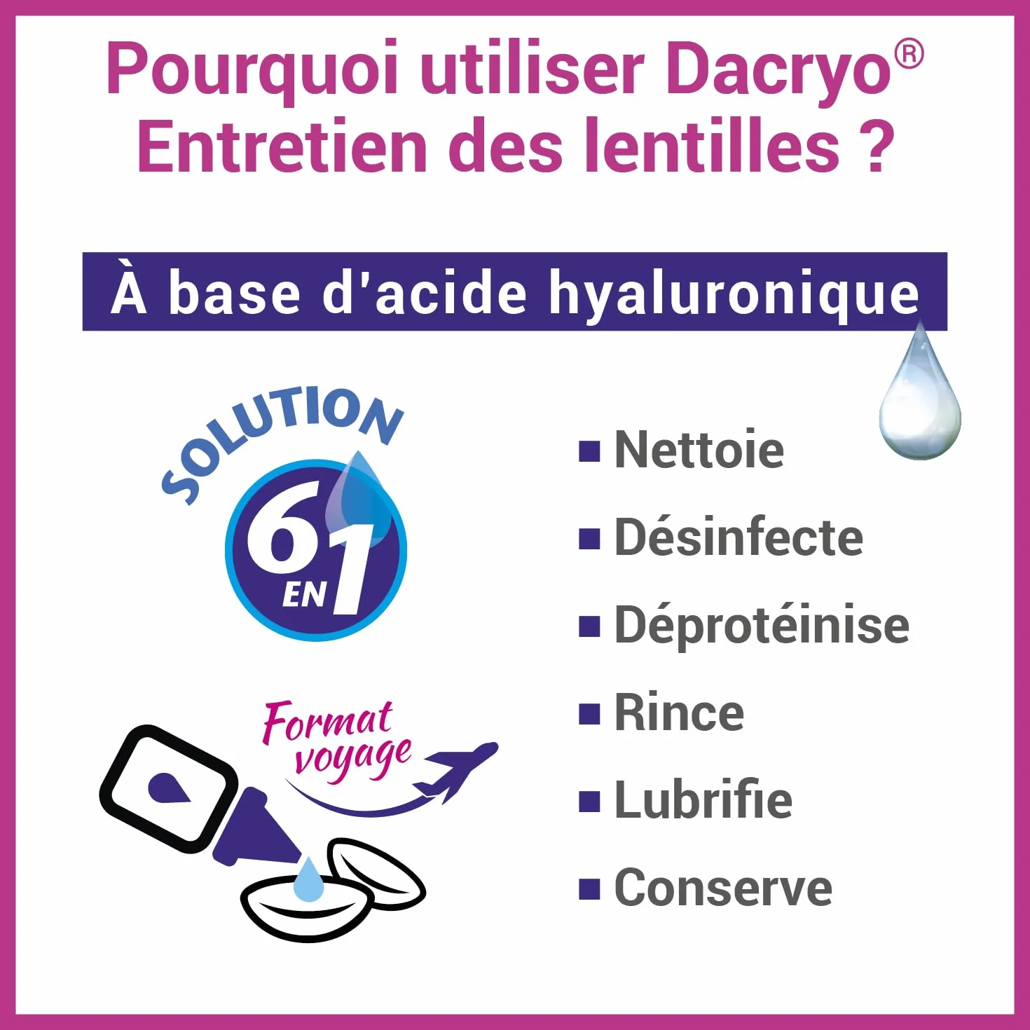 DACRYO Solution d'entretien des lentilles 6 en 1 50 ml - Nettoie, désinfecte, déproténise, rince, lubrifie, conserve - Acide Hyaluronique - Étui inclus