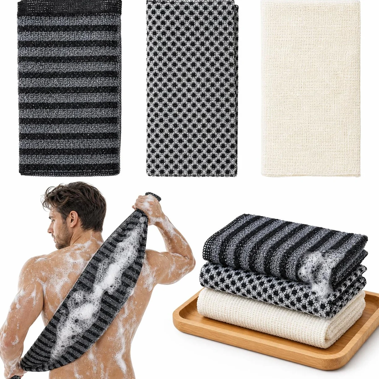 Serviette Exfoliante Douche 3 Pièces Japonaise 25×100 cm Lave Dos Long Double Face Homme Femme