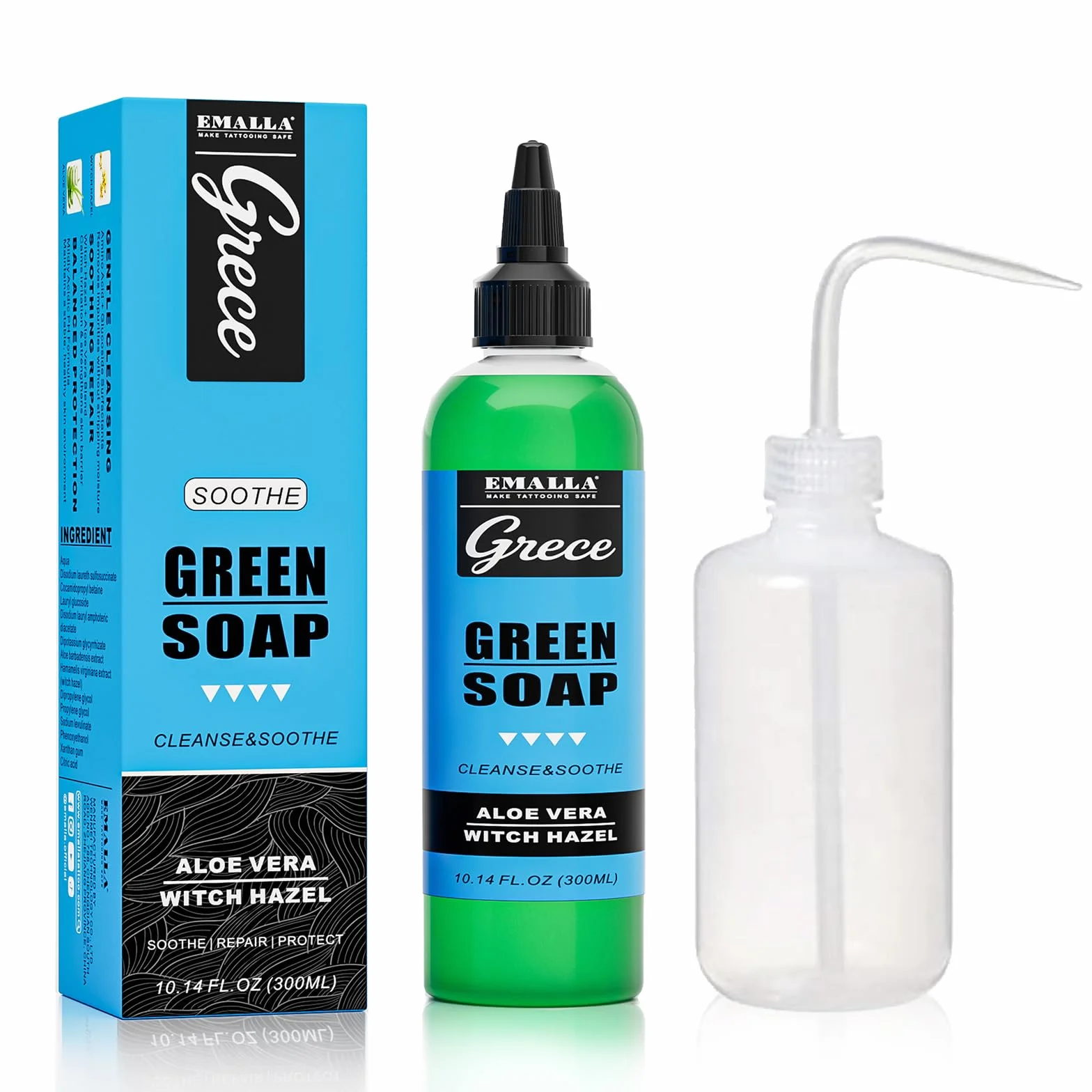 EMALLA 300 ml Tattoo Green Soap Ultra concentré avec flacon de lavage 250 ml - Nettoyant doux pour tatouage