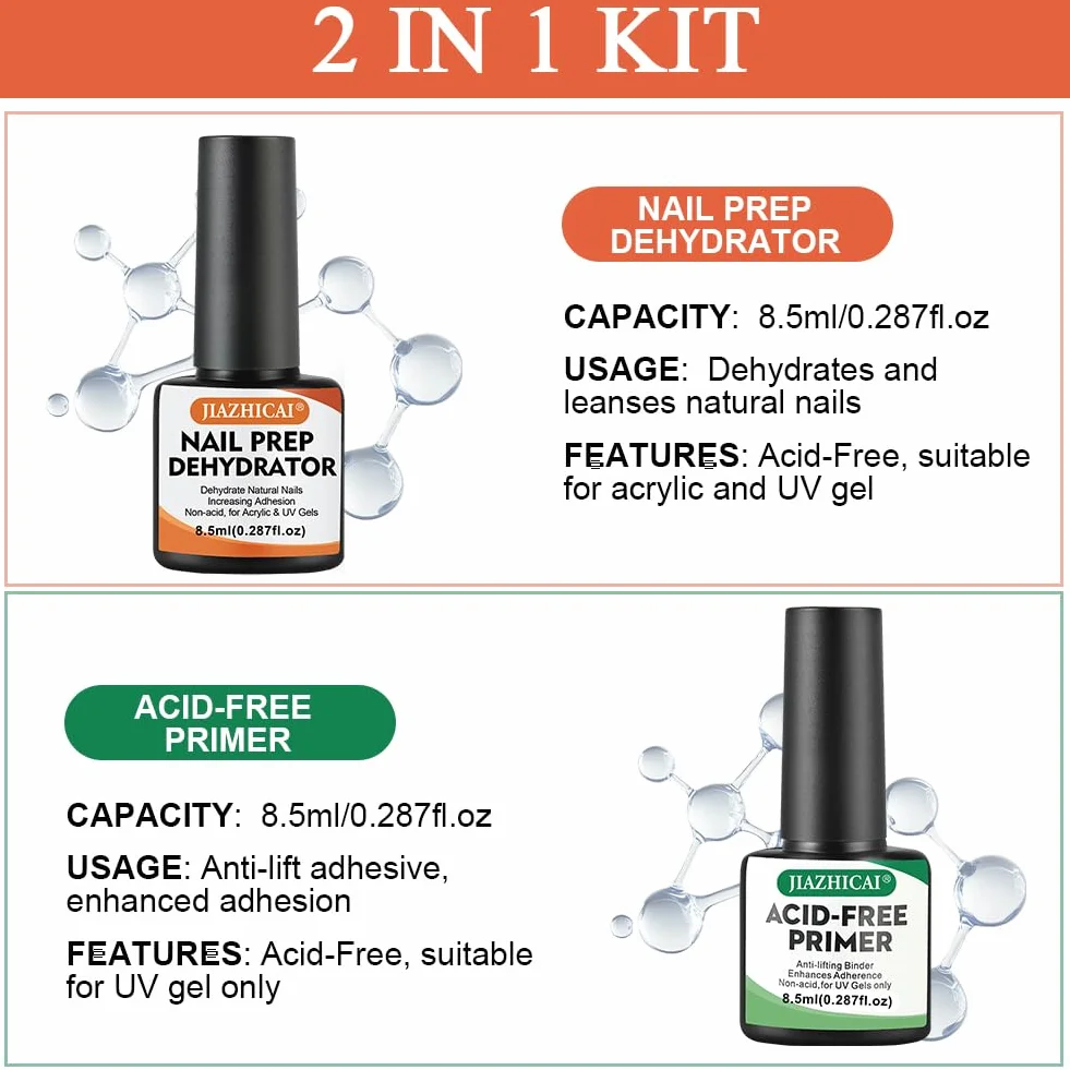 Apprêt Déshydraté Sans Acide Nail Prep Primer Ongle Gel UV 8.5ml Kit 2PCS