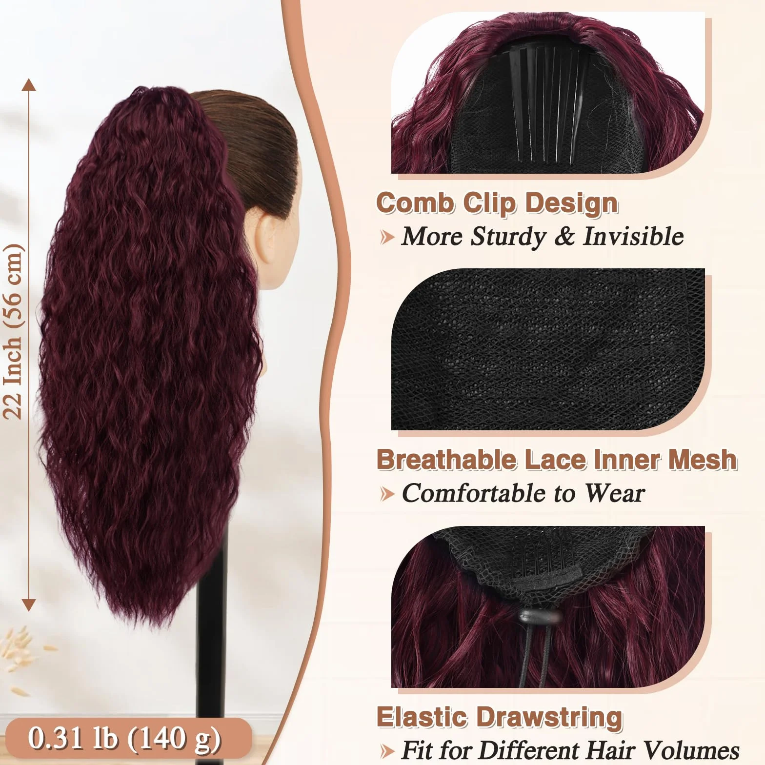 BARSDAR 56cm Bordeaux Queue de Cheval Extnsion, Longue Ondulée Synthétique Peigne Clip in Queue de Cheval Extension Cheveux avec Cordon pour Femmes Bohemian Naturel Rouge Foncé Ponytail Postiche