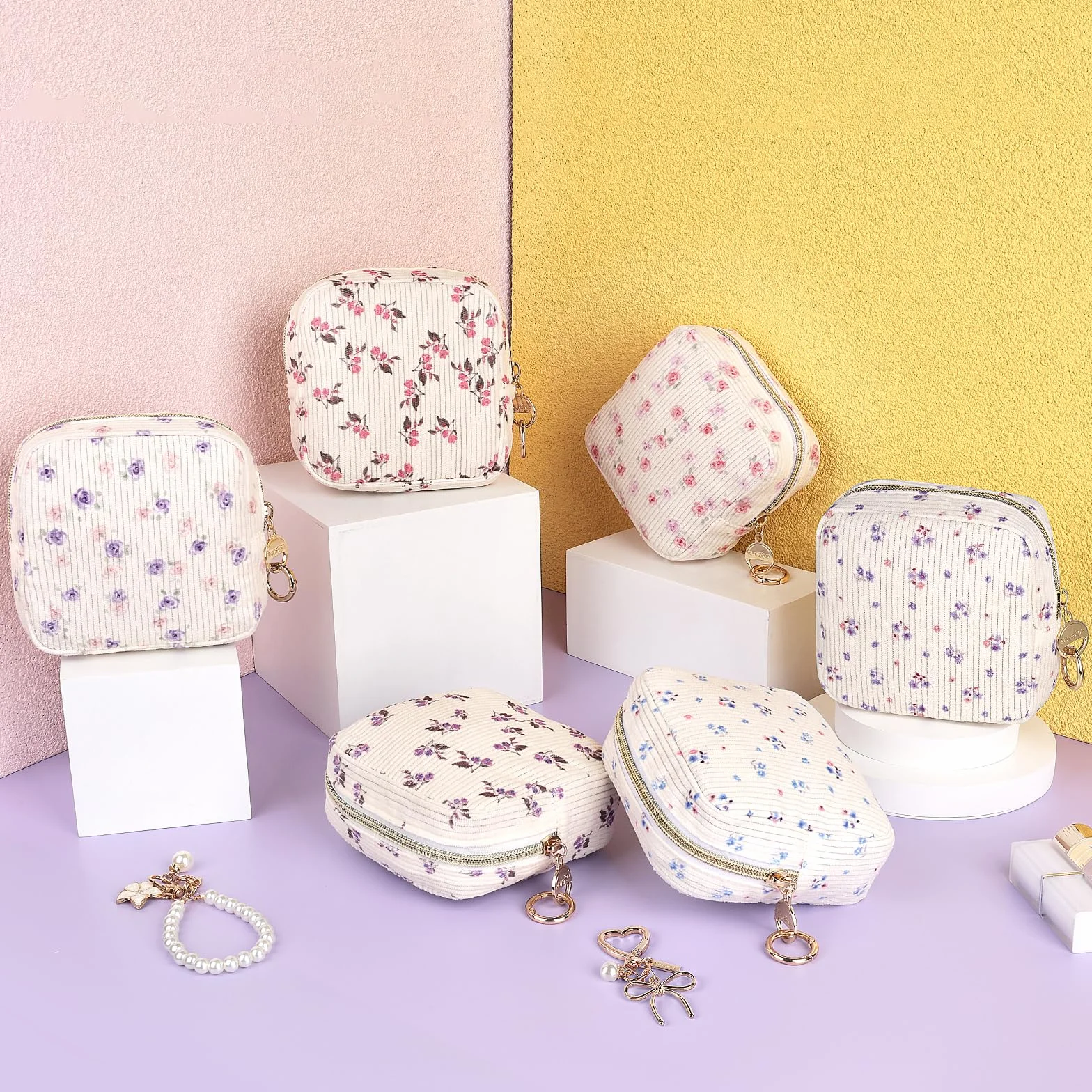 Velours Côtelé Petite Trousse Maquillage Femme Voyage Pochette Multifonctionnelle Sac Rangement Cosmétique Jaune